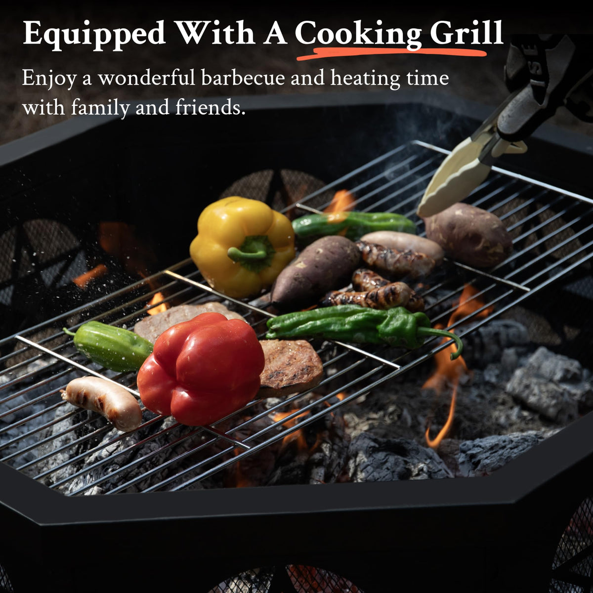 Verdelxue 35 Inch Octagonal Fire Pit with Cooking Grill Wood Burning Black