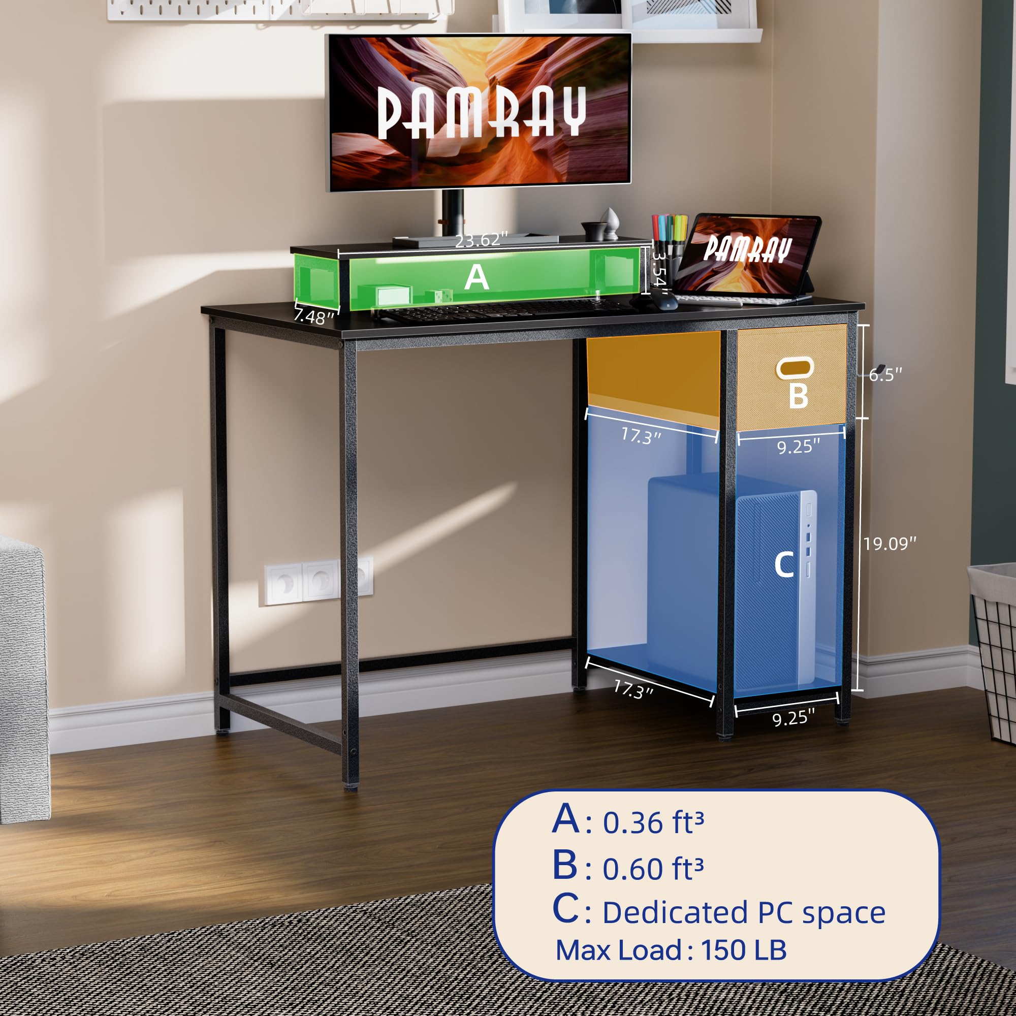 Computer Desk with Monitor Stand, Storage Drawer & Hooks