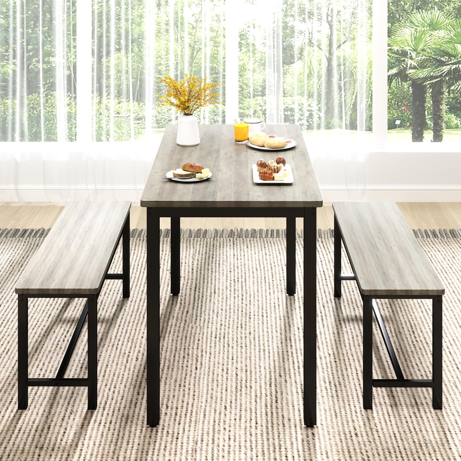 Dining Table Set for 4 with 2 Benches
