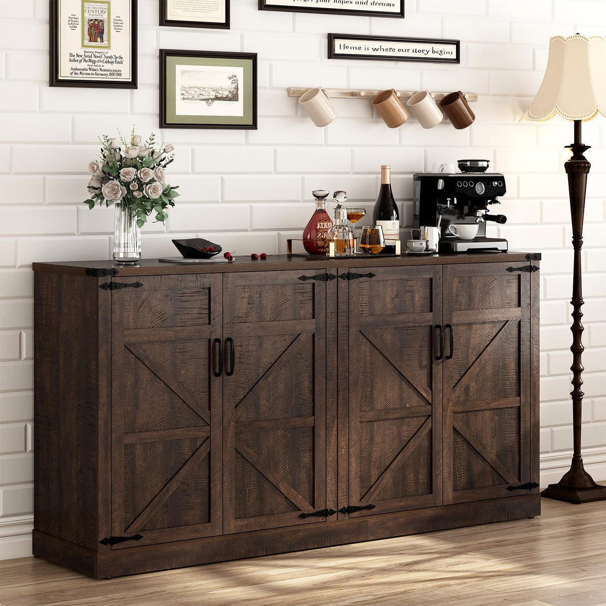 65 Inch Sideboard Buffet Cabinet with Storage, Farmhouse Kitchen Pantries Sideboard Cabinets with Adjustable Shelves, Wooden Coffee Bar Cabinet Buffet Table for Kitchen, Dining Room, Brown