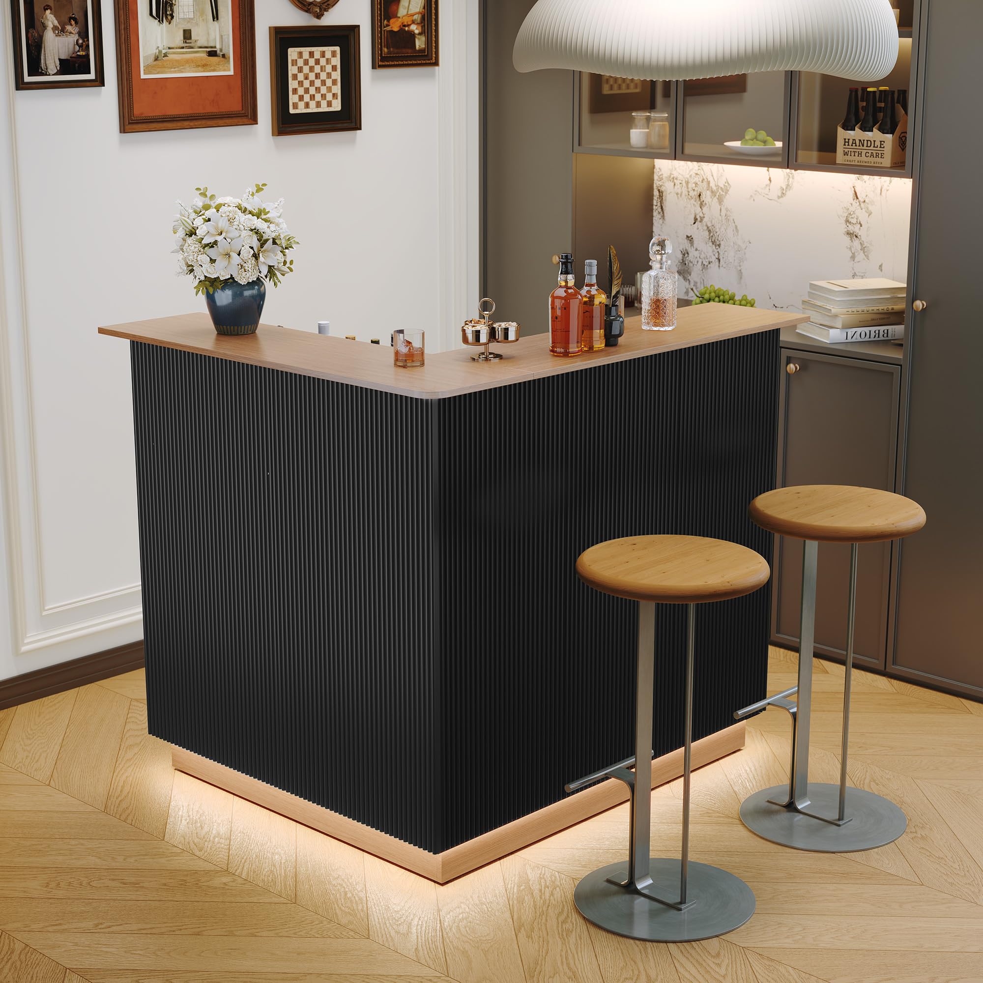ARTPOWER L Shaped Home Bar Cabinet with Fridge Space, Oversized Modern Basement Coffee Bar Table with LED Strip, Fluted 4-Tier Corner Wine Cabinet with Stemware Racks for Dining Living Room, Black