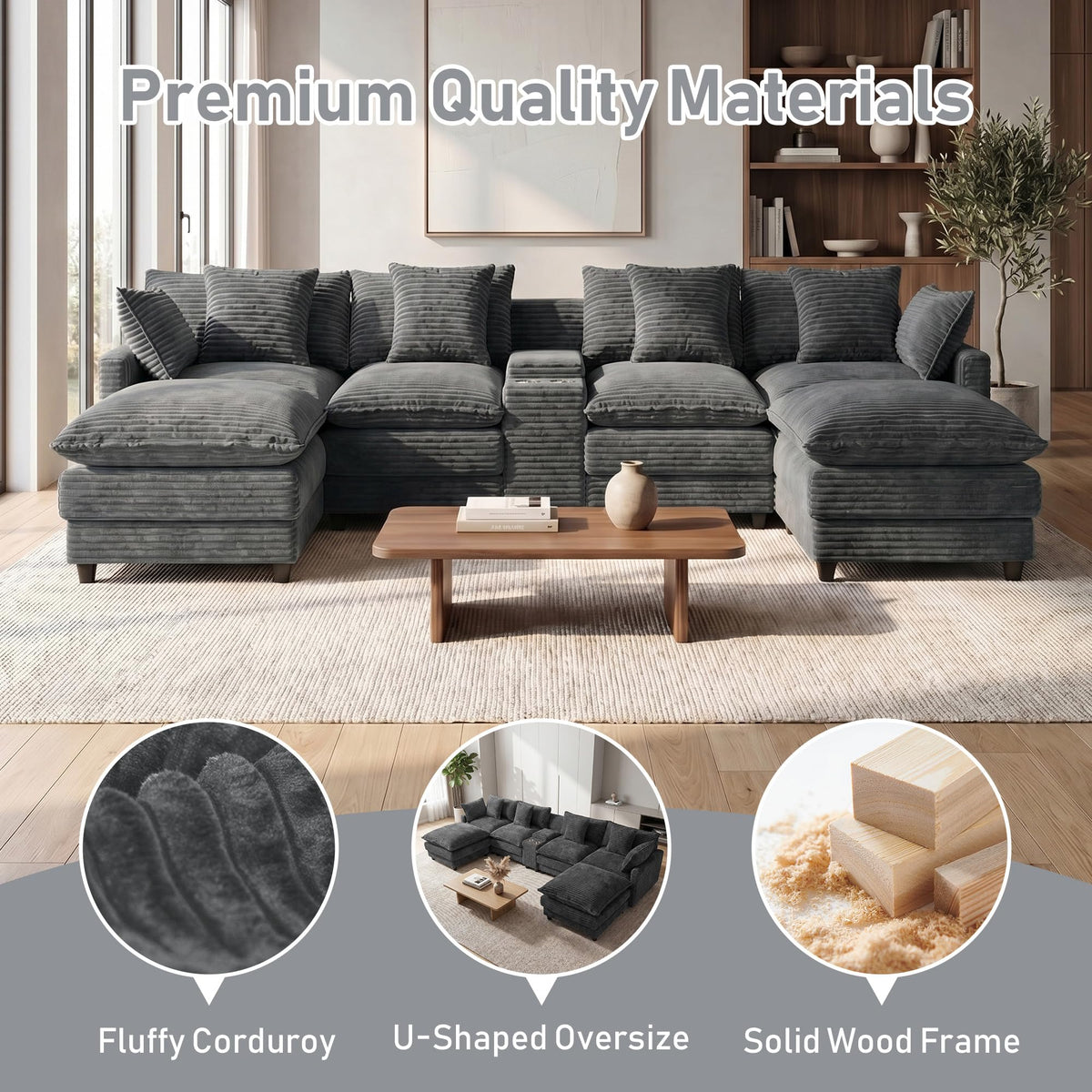 ONEMMLION 143" Oversized U-Shaped Cloud Sectional Sofa, Grey