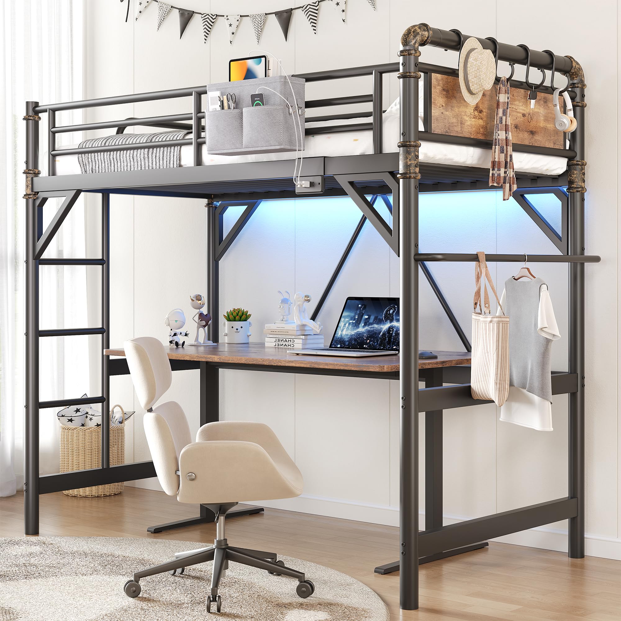 Twin Loft Bed with RGB LED Lights & Charging Station