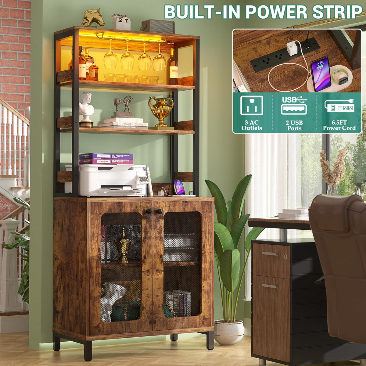 Aheaplus Bar Cabinet with Power Outlets, LED Lights, 67" Tall Wine Cabinet