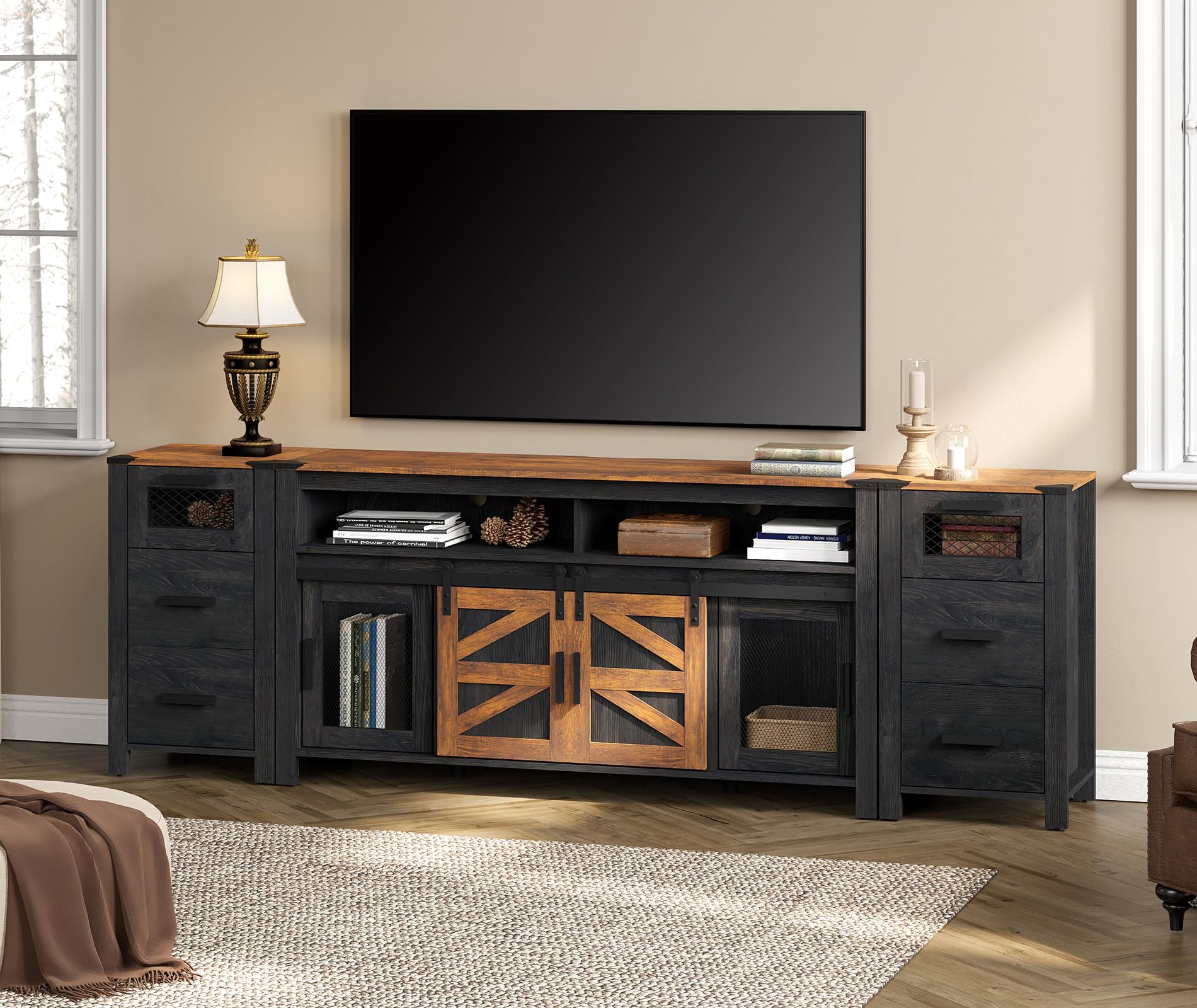 WAMPAT Drawer TV Stand Set for ups to 85 inch TV,Entertainment Center with Sliding Barn Door,Farmhouse Media TV Console Table with Adjustable Shelf for Living Room Bedroom,Dark Walnut and Black
