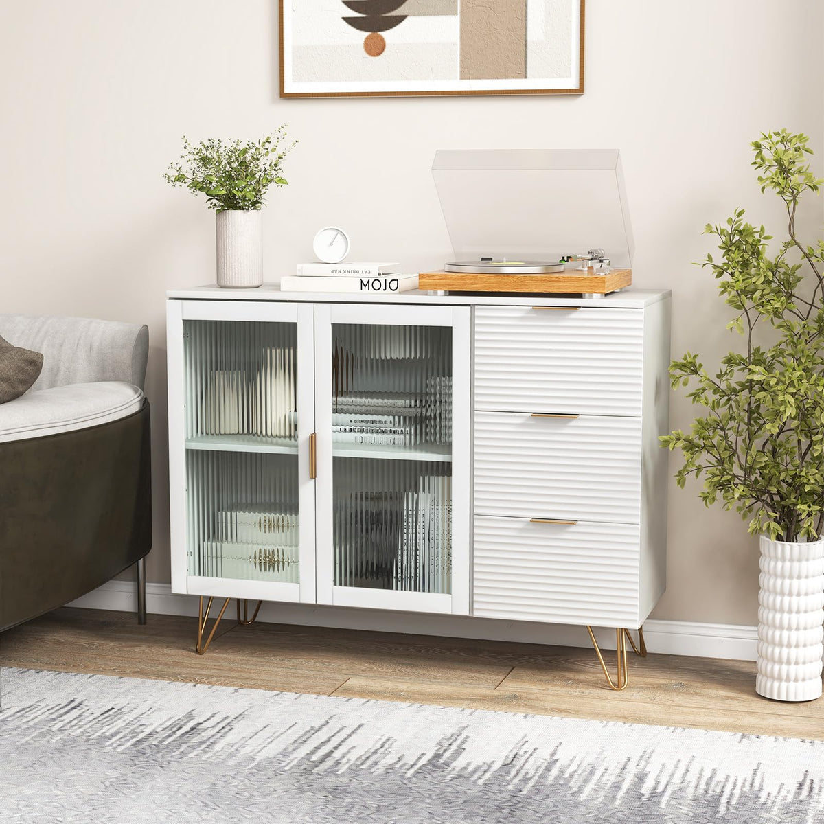 LOKO Kitchen Buffet Cabinet with 2-Tire Storage Space, 3 Drawers, White