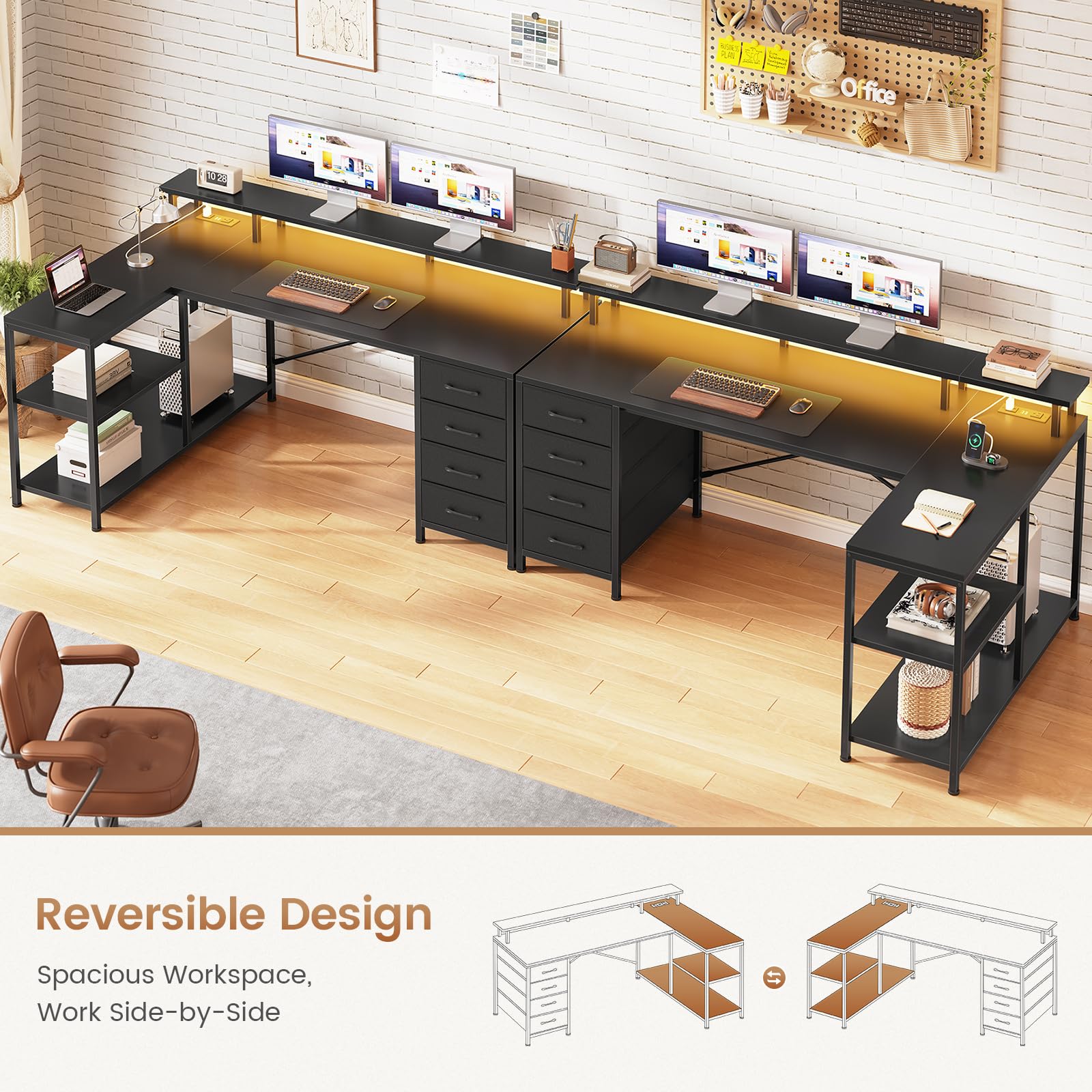 L-Shaped Desk with 4 Drawers, LED Lights & Power Outlet, 47 Inch