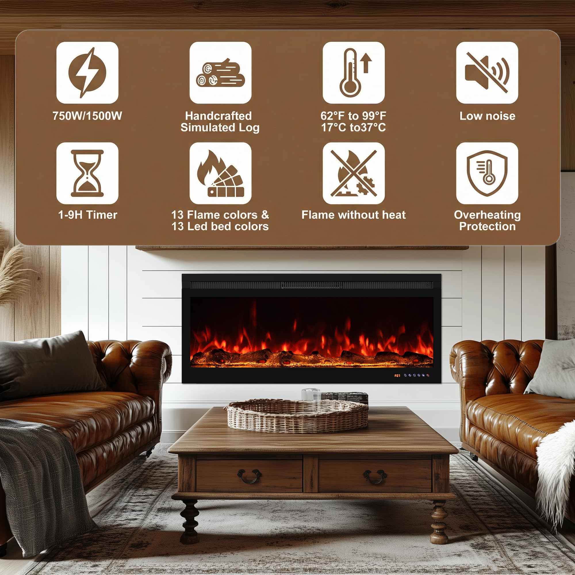Oxhark Flame 50 Inch Smart Electric Fireplace Insert with Heater, Recessed or Wall Mounted, Remote and App Control, 9H Timer, Adjustable Realistic Flame Effects, 1500W Heater