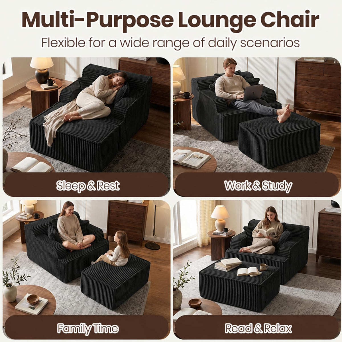 NLDD Corduroy Chaise Lounge Chair with Detachable Ottoman, Convertible Modular Reading Chaise Lounge, High-Density Foam Single Person Relaxation Chair for Living Room,Apartment,Small Spaces