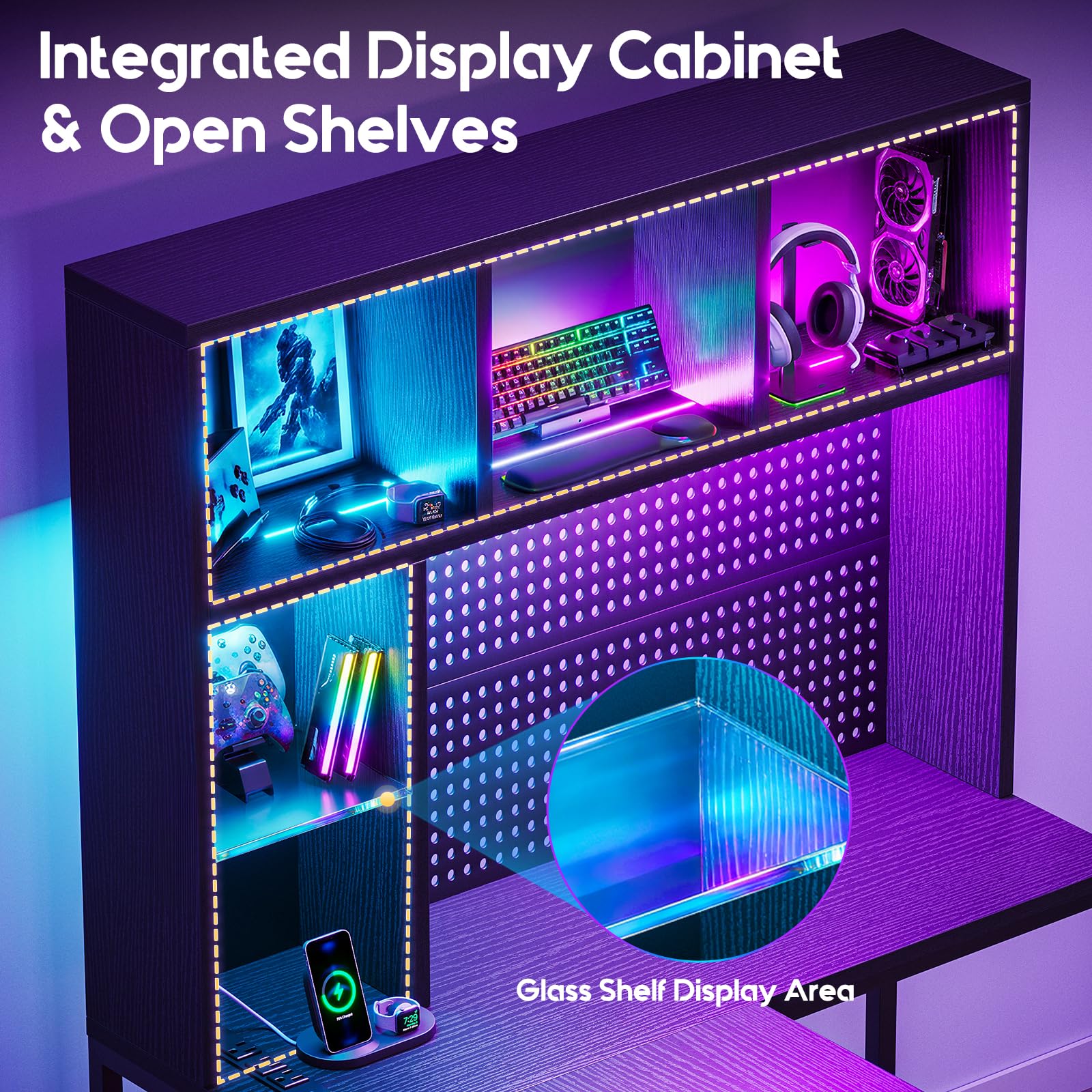 L-Shaped Gaming Desk with Hutch, Pegboard & LED Lights