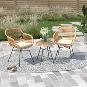 Barton 3pcs Outdoor Bistro Chair Set Patio Conversation Wicker Chairs Glass Table with Seat Cushions, Beige