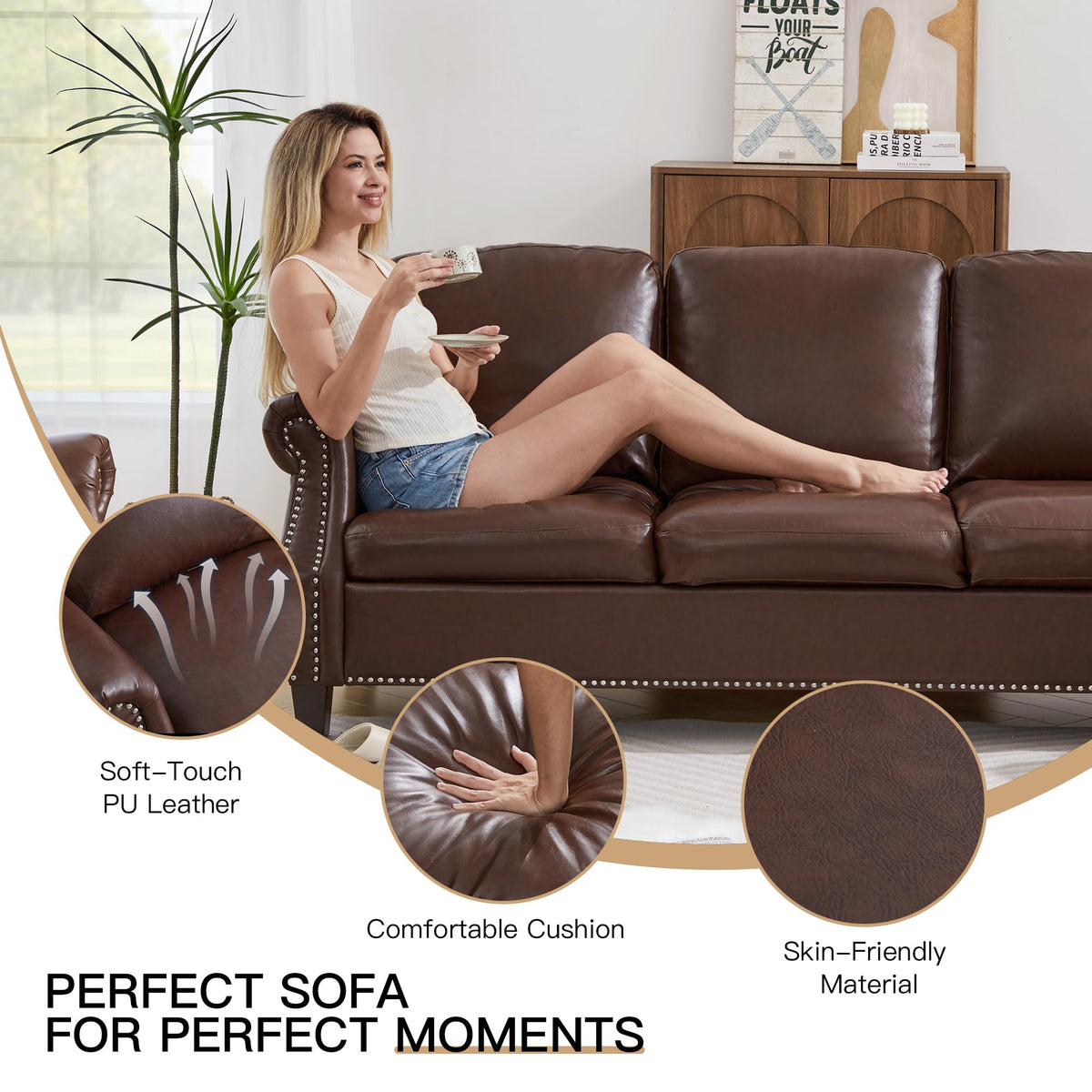 Brown PU Leather Sofa Set, 3-Piece