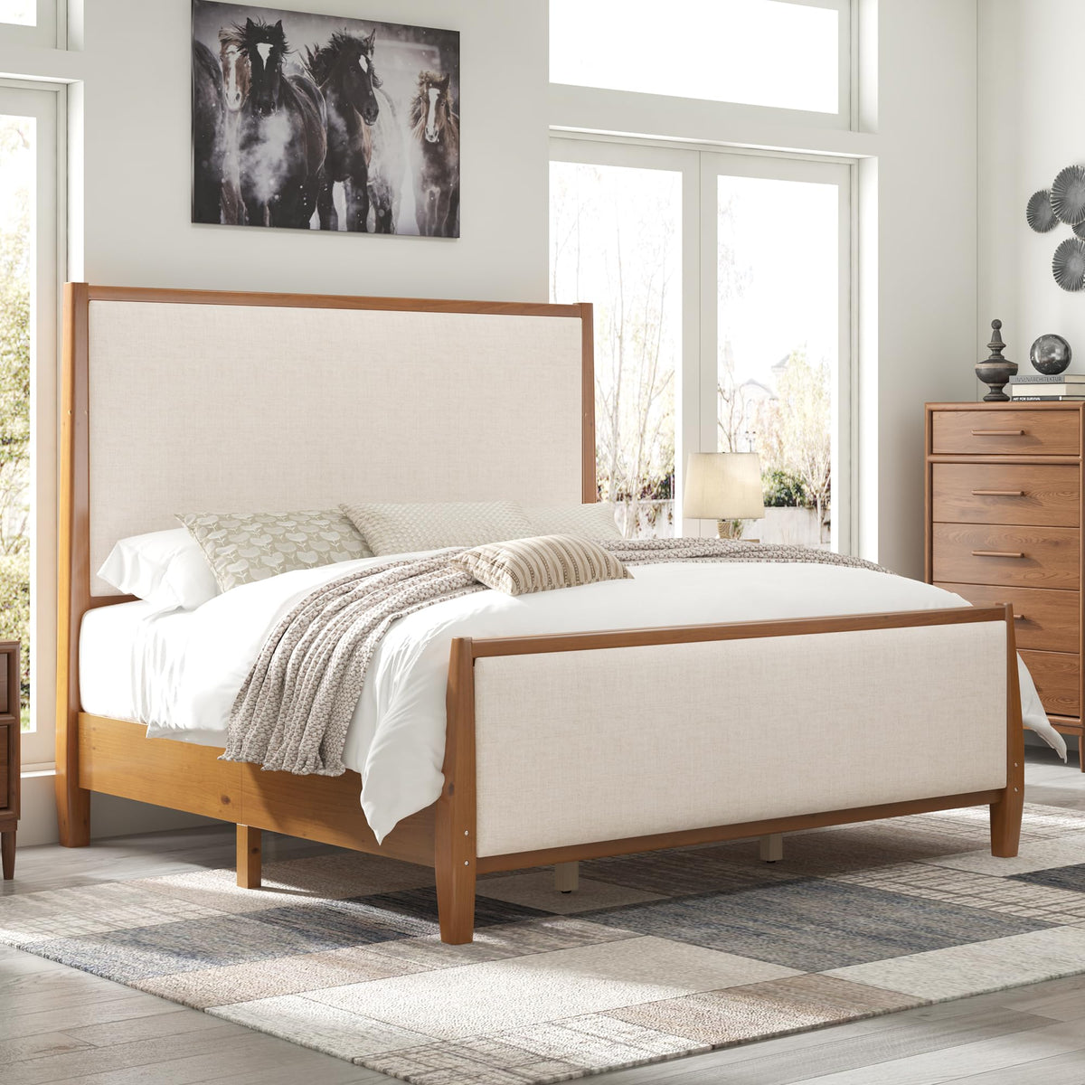 Jocisland 58" Tall Solid Wood California King Size Bed Frame with Upholstered Headboard & Footboard, Wooden Platform Bedframe, No Box Spring Needed, Easy Assembly, Modern Farmhouse Style, Walnut
