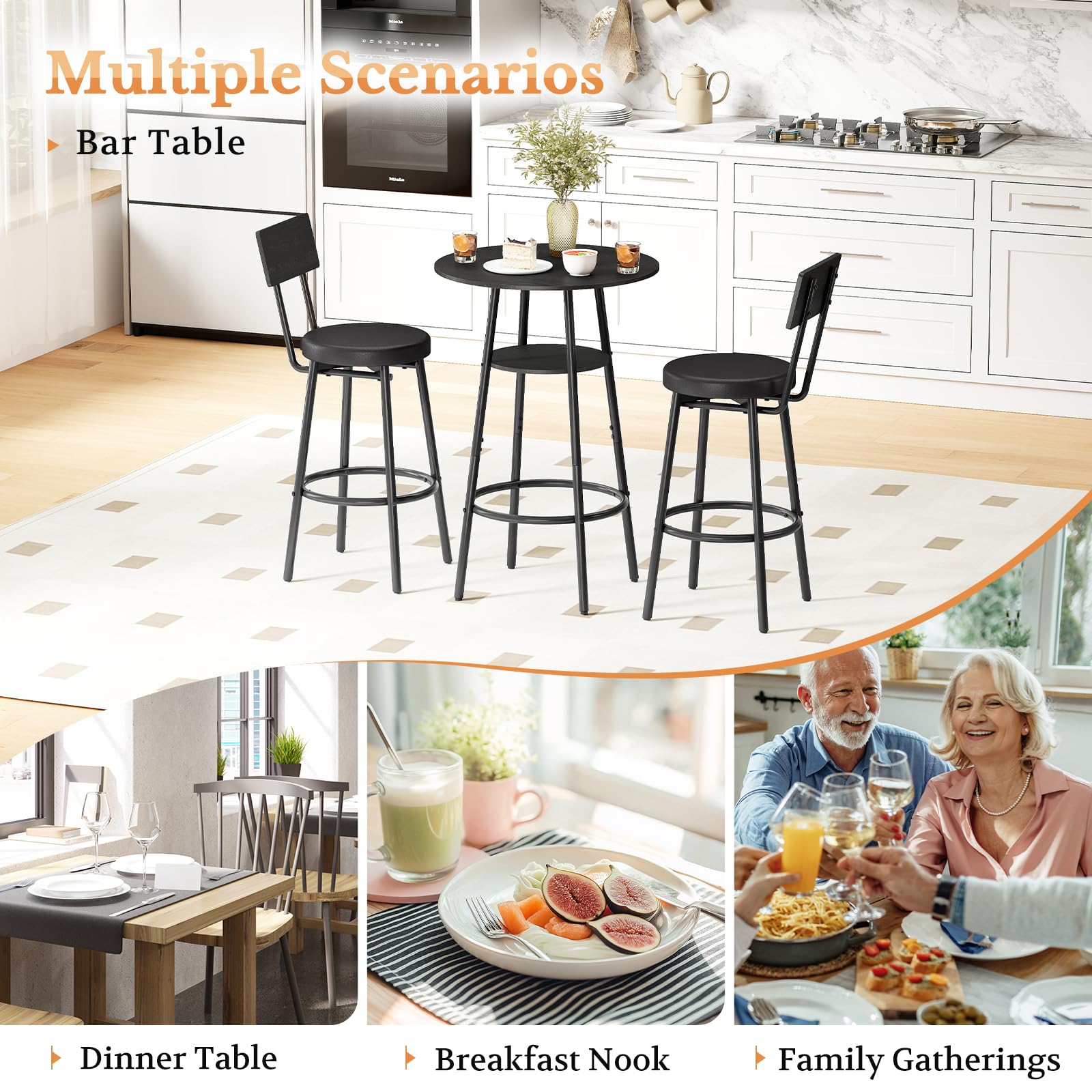 Round Bar Table & 2 Stools Set with Storage