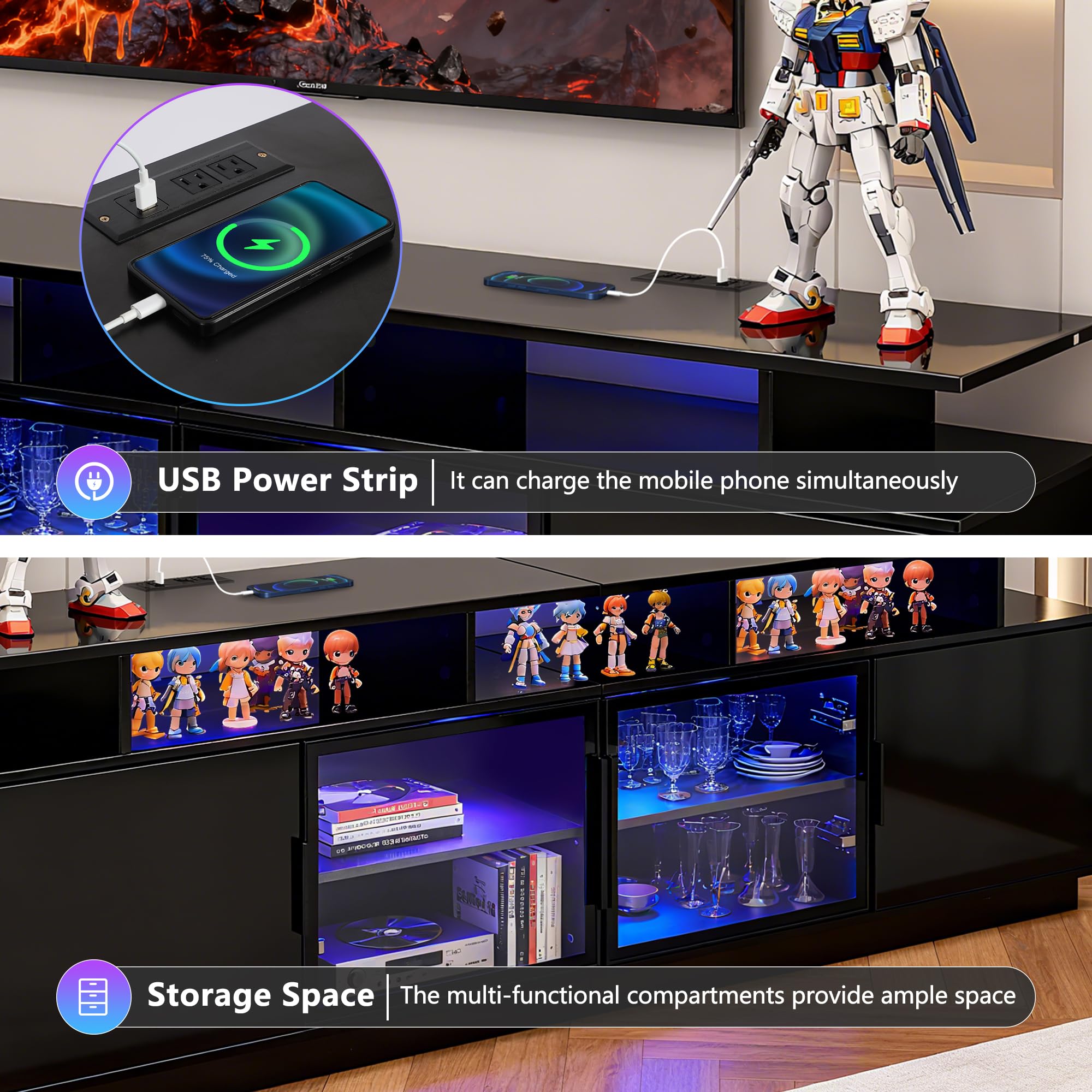 70" LED TV Stand with Glass Doors & Charging Station