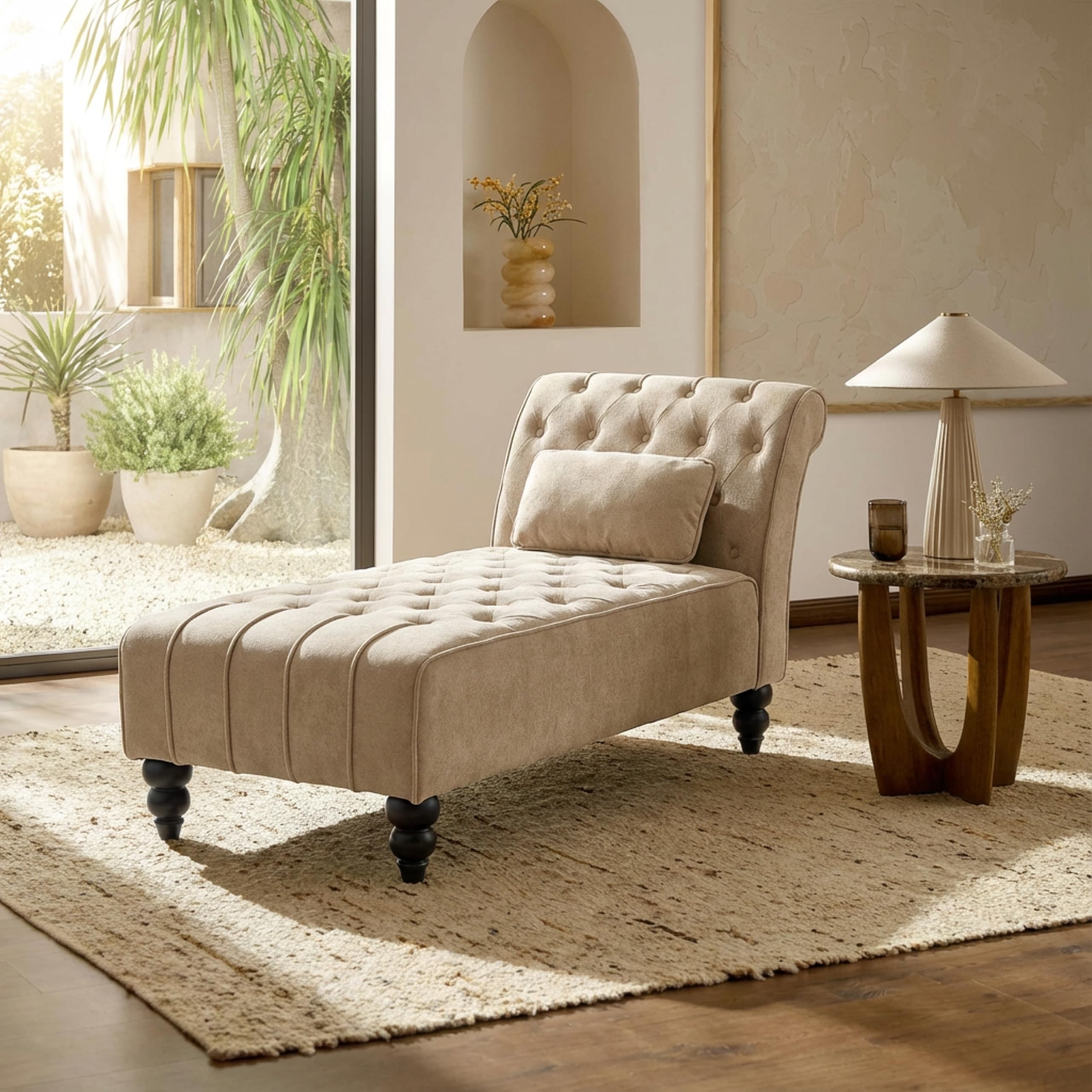 Christopher Knight Home Rafaela Velvet Upholstered Chaise Lounge Chair Indoor with Lumbar Pillow, Tufted Chaise Lounge Sofa with Scrolled Backrest, Wooden Living Room Lounge Chair, Camel