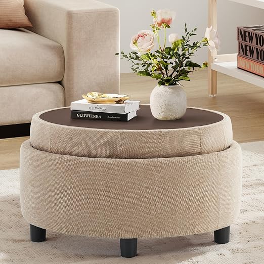 Round Storage Ottoman with Reversible Tray Lid