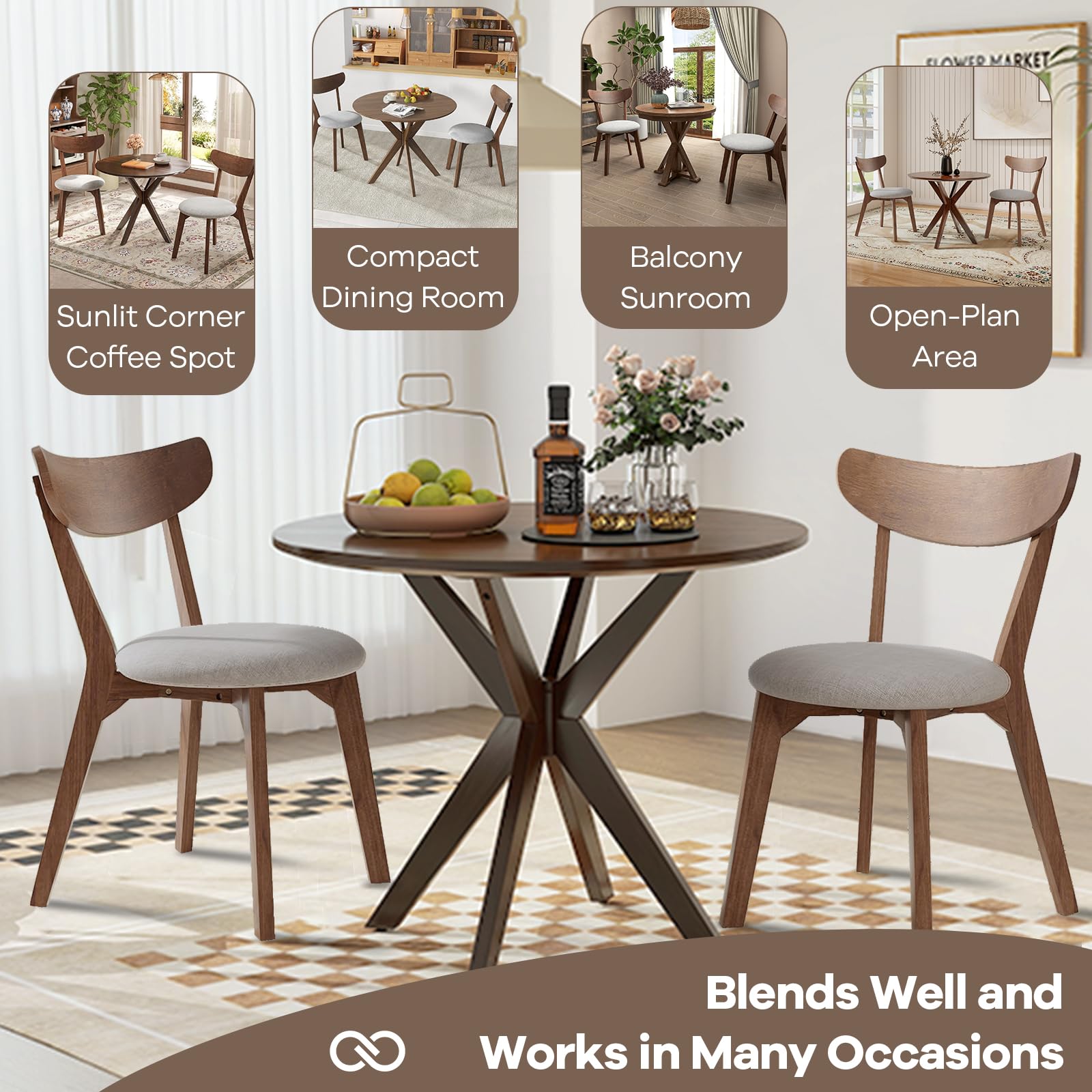 Round Dining Table Set for 2, Mid-Century Modern, 3-Piece Kitchen Bistro Set