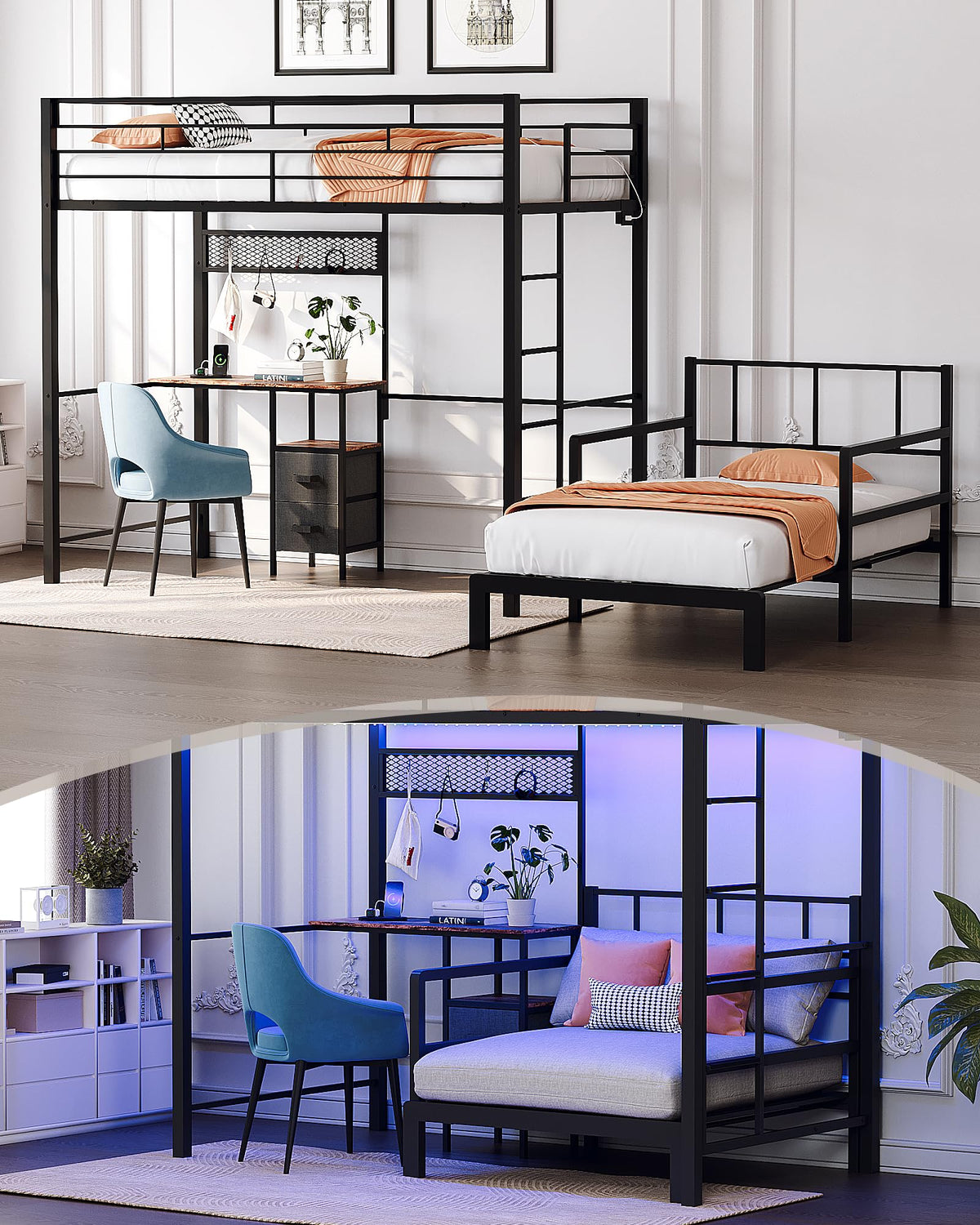Twin Bunk Bed with Desk & LED Lights
