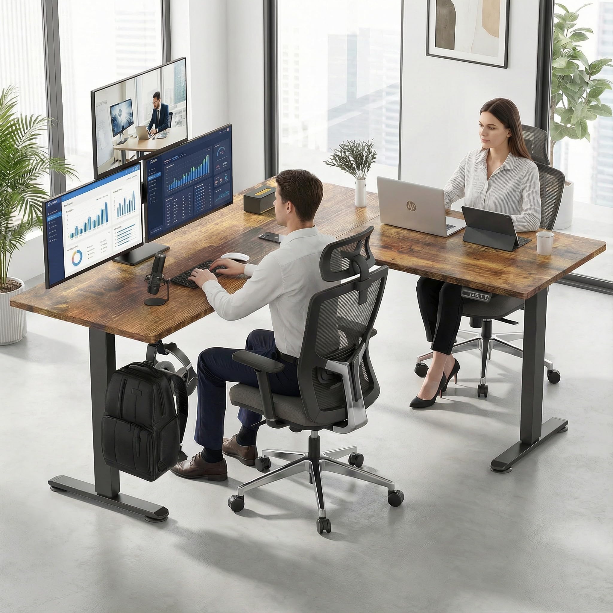 farexon L Shaped Standing Desk Adjustable Height, 63 x 55 Inch Corner Stand up Desk for Home Office with 39x18 in Mouse Pad, Electric Standing Computer Workstation with Headphone Hook, Rustic Brown