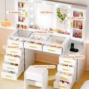 YUNSCEND 53.15" Large Vanity Desk with Mirror and Lights,White Makeup Vanity with Glass Top Power Outlet Vanity Table with 11 Drawers 6 Shelves Dressing Table Stool Set for Bedroom Women UXFST008W