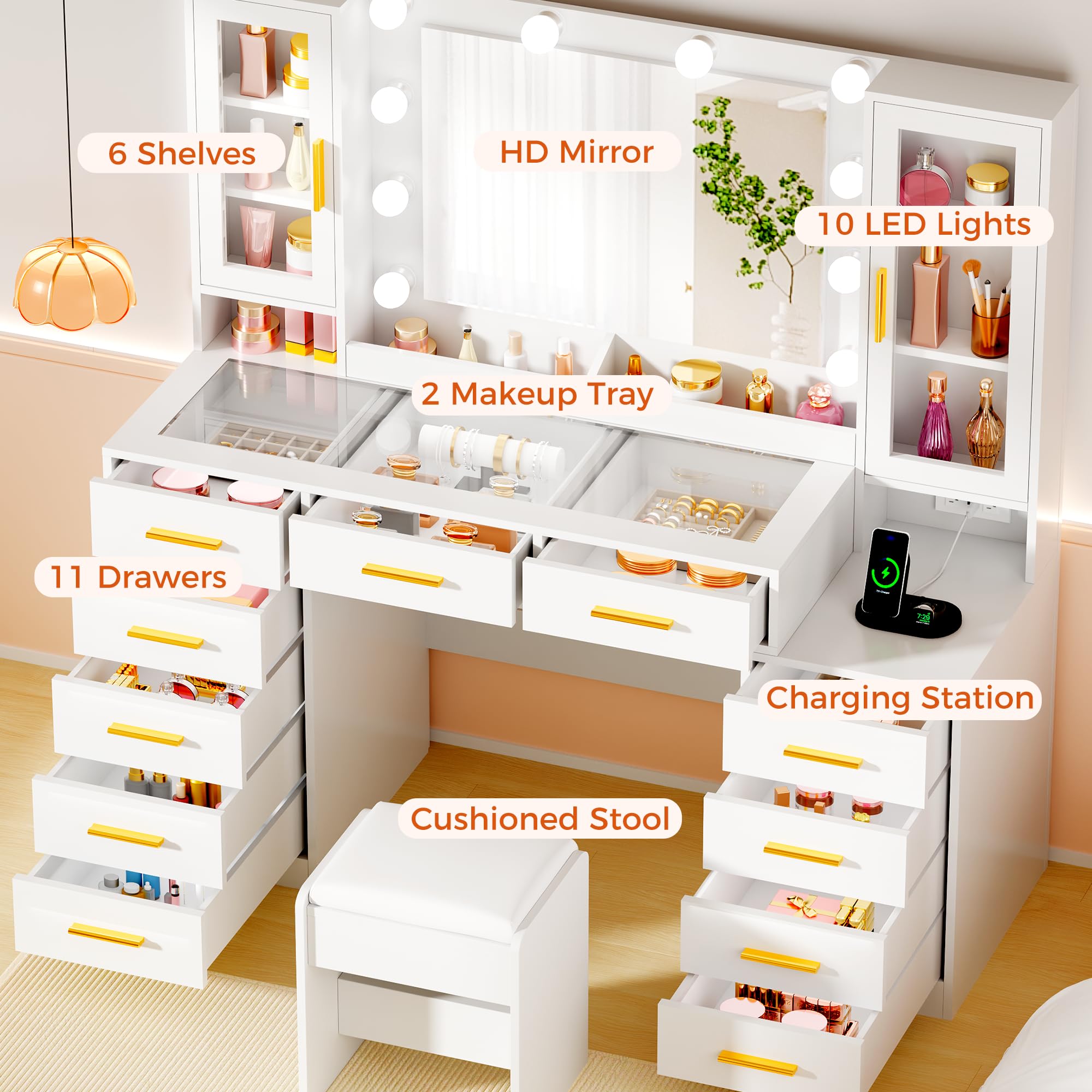 YUNSCEND 53.15" Large Vanity Desk with Mirror and Lights,White Makeup Vanity with Glass Top Power Outlet Vanity Table with 11 Drawers 6 Shelves Dressing Table Stool Set for Bedroom Women UXFST008W