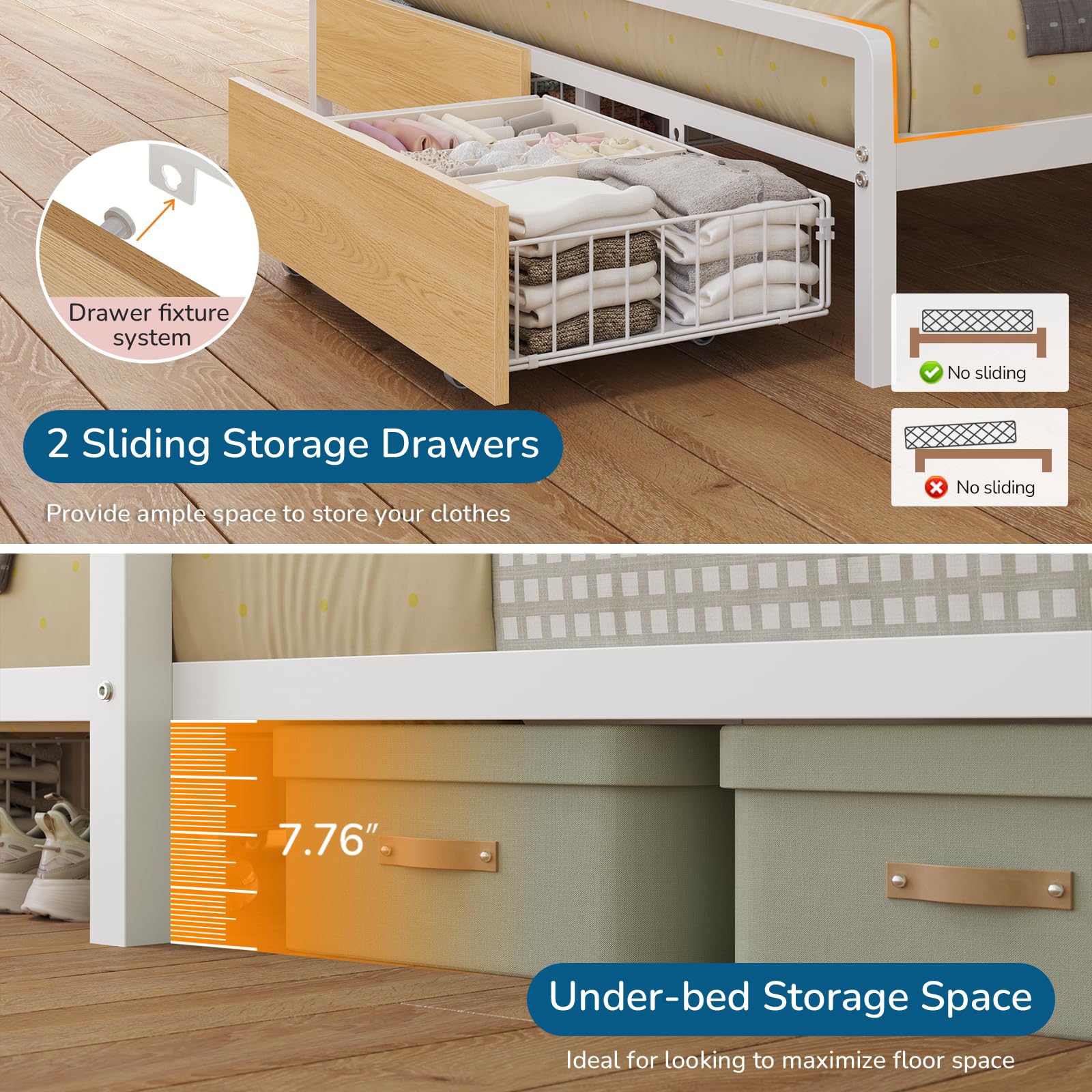 Twin Over Full Bunk Bed with Storage Drawers, Bookshelf & LED Lights