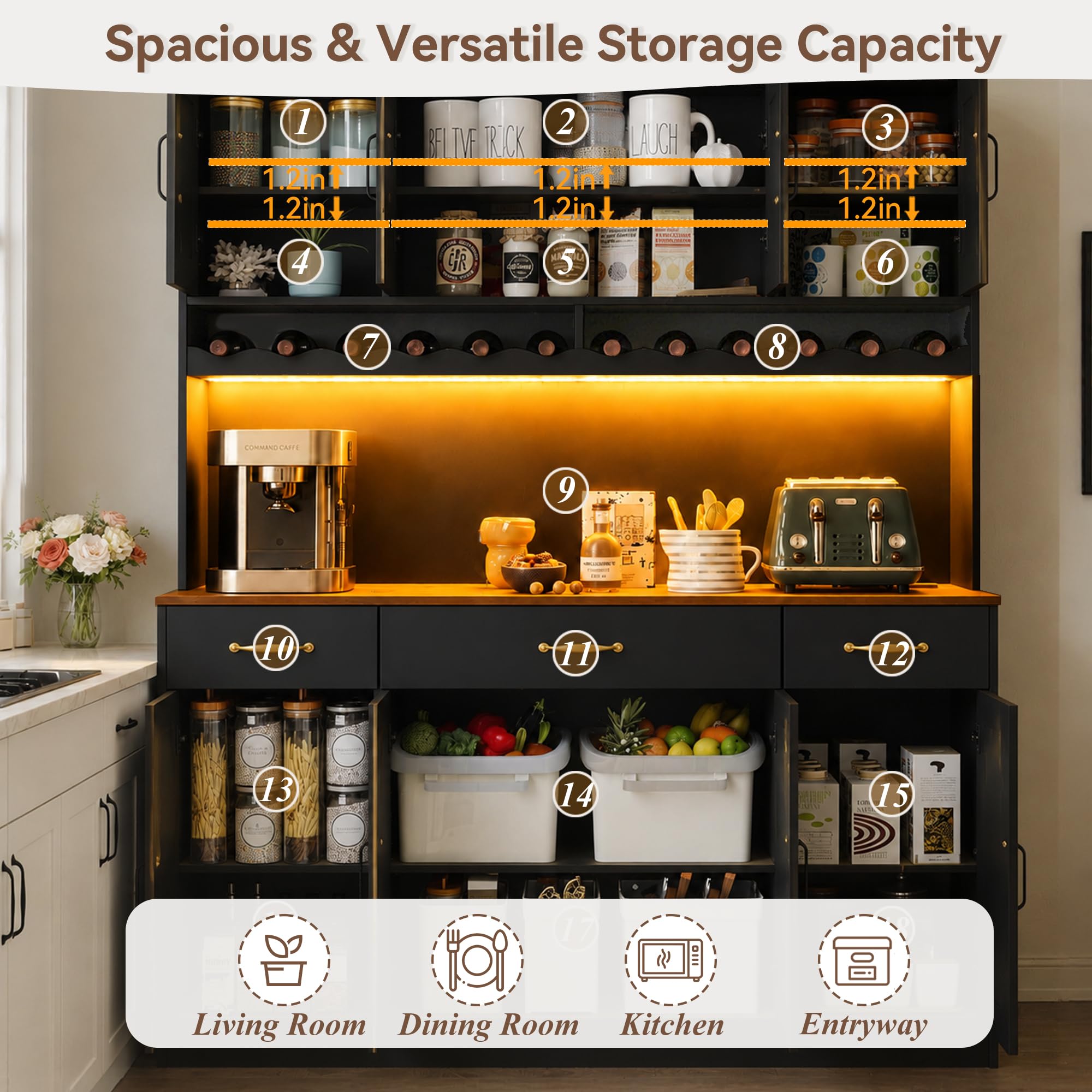 AXCIGOC 72" Tall Kitchen Pantry Cabinet with Charging Station 55" Wide Kitchen Hutch Cabinet with LED Light and Countertop Large Kitchen Cabinet with Adjustable Shelves and Wine Rack Black
