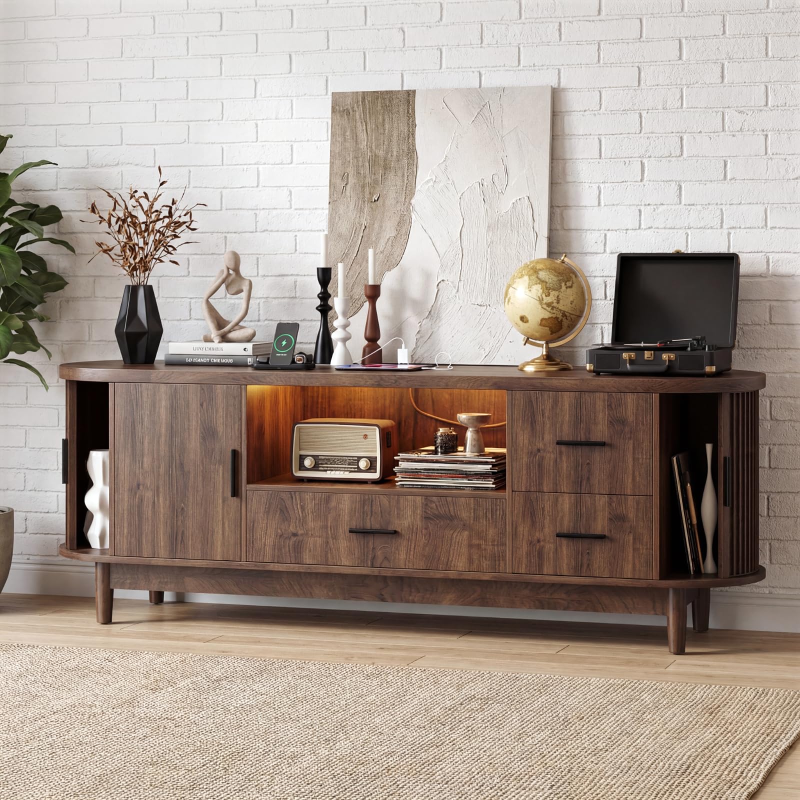 63" Mid-Century Modern TV Stand with LED Lights & Power Outlet