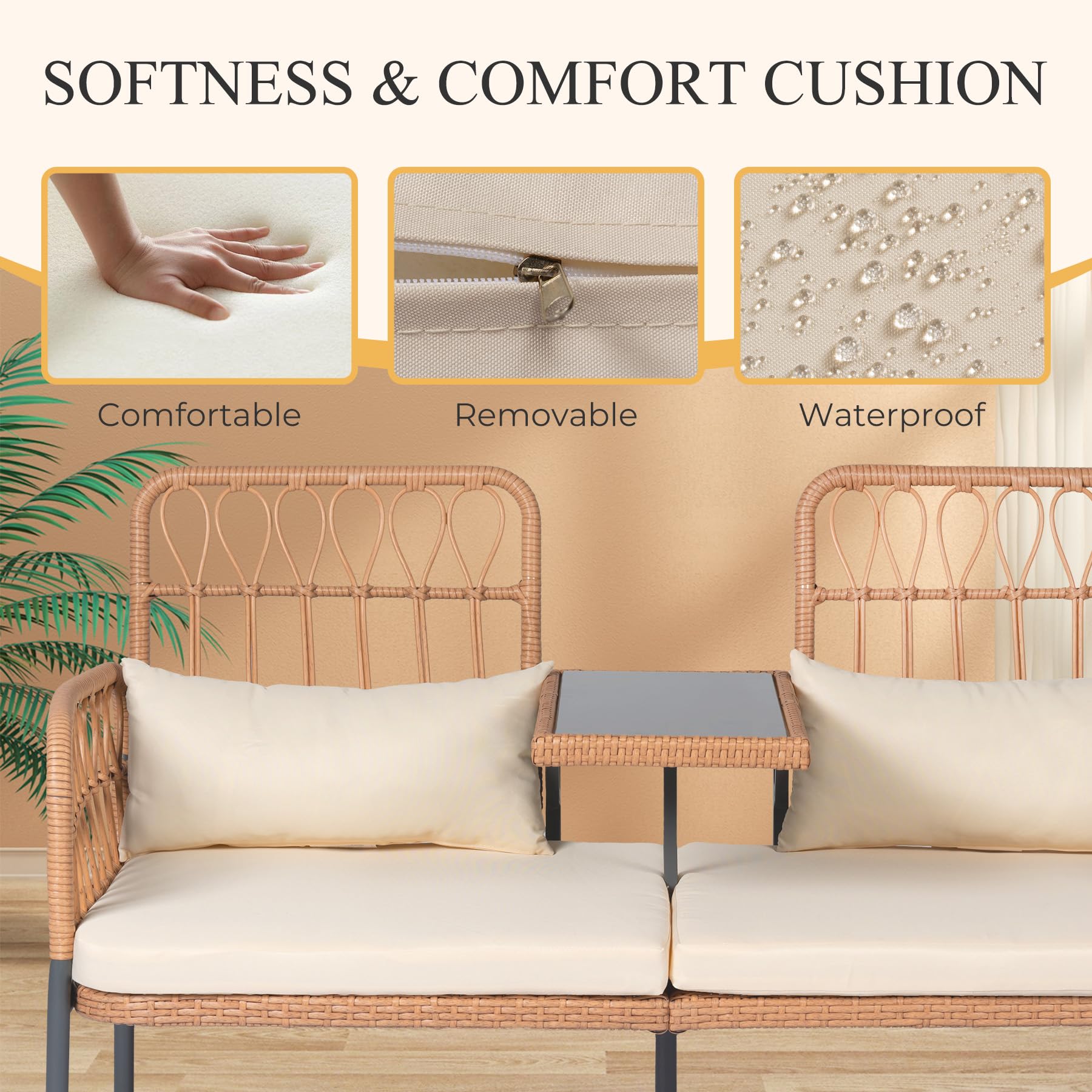 Outdoor Rattan Loveseat with Built-In Table & Cushions