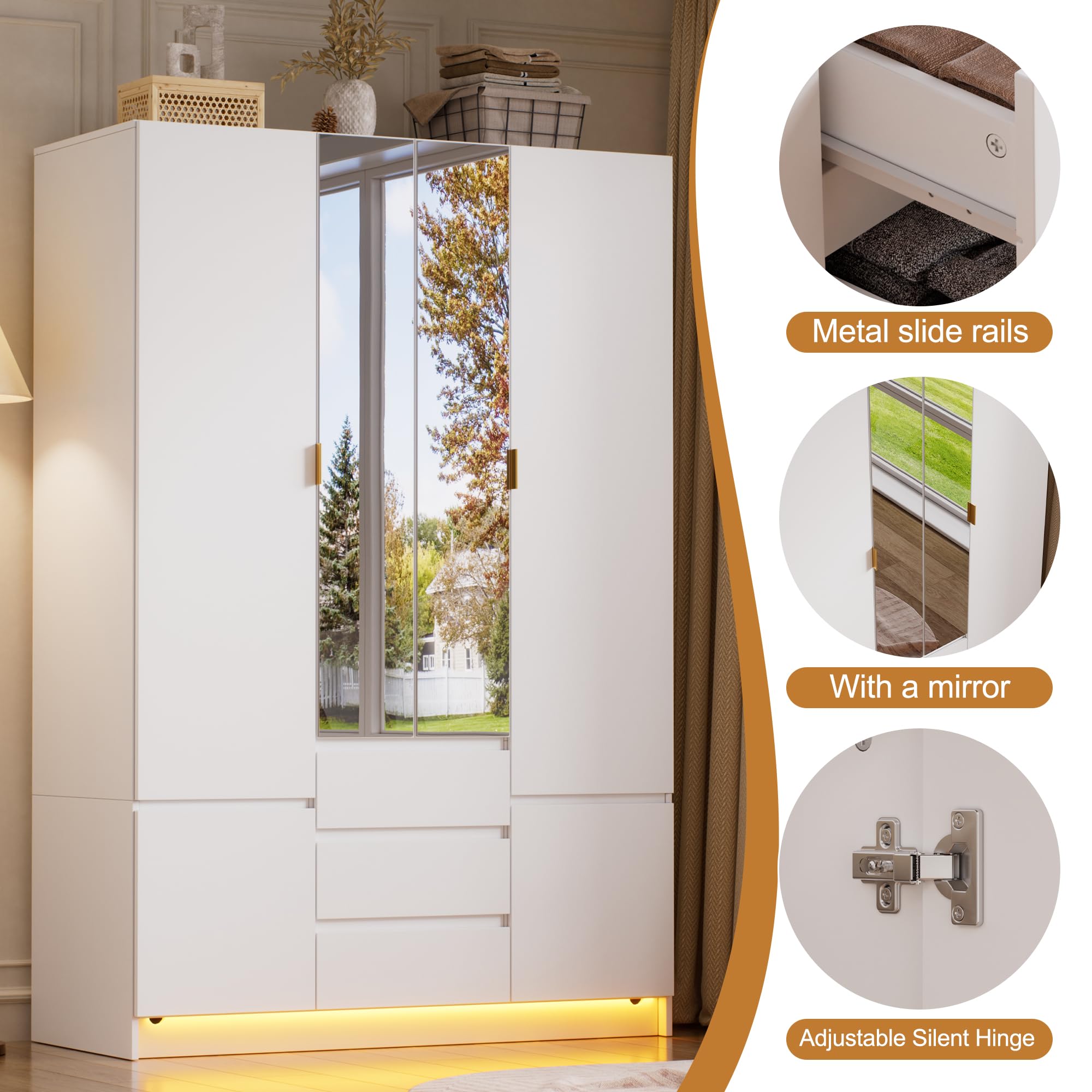 4-Door Wardrobe with LED Light & Mirror