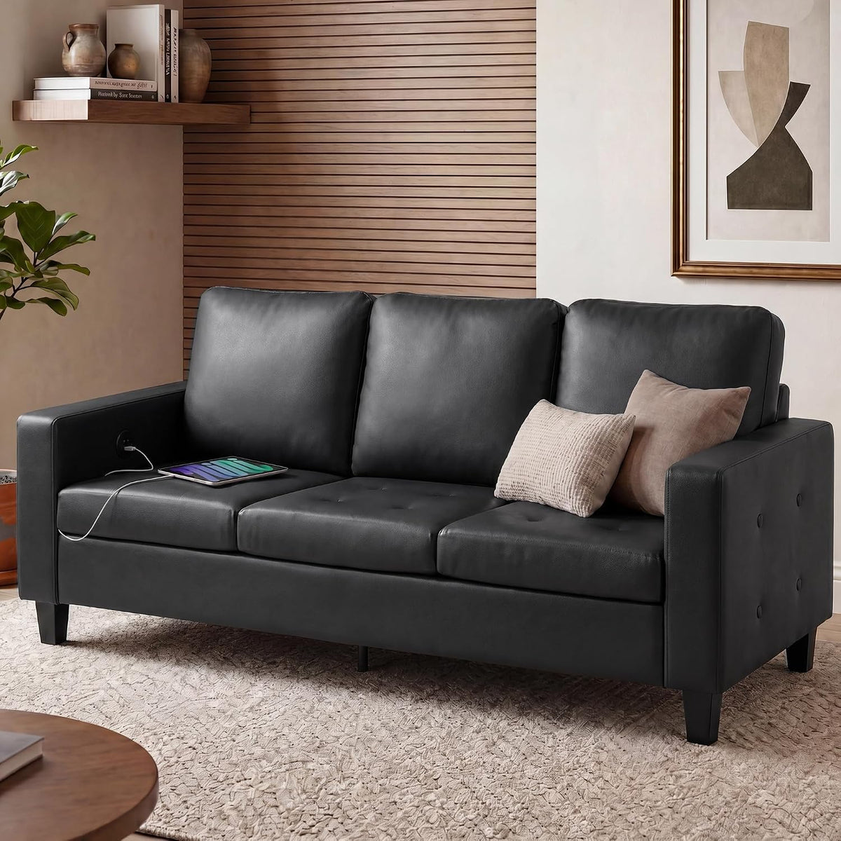 Black Faux Leather Sofa and Chair Set