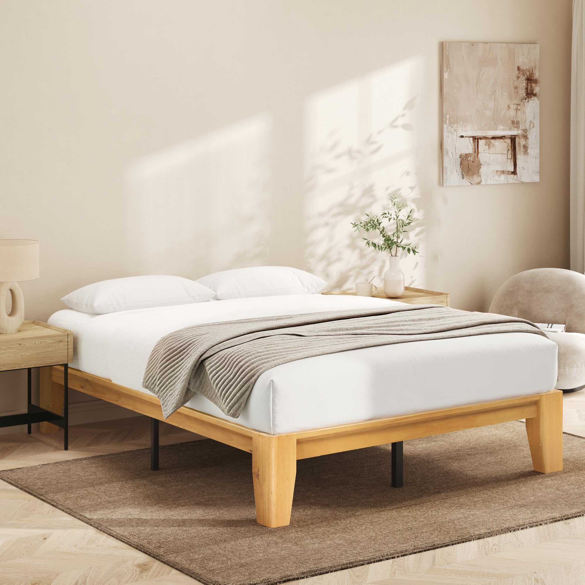 Lifezone Wood Queen Platform Bed Frame, Premium Solid Wood, Sturdy Structure, 3.78” Thickened & 14” Height Legs, Easily Assemble, Mortise & Tenon Joints Patterns, Natural