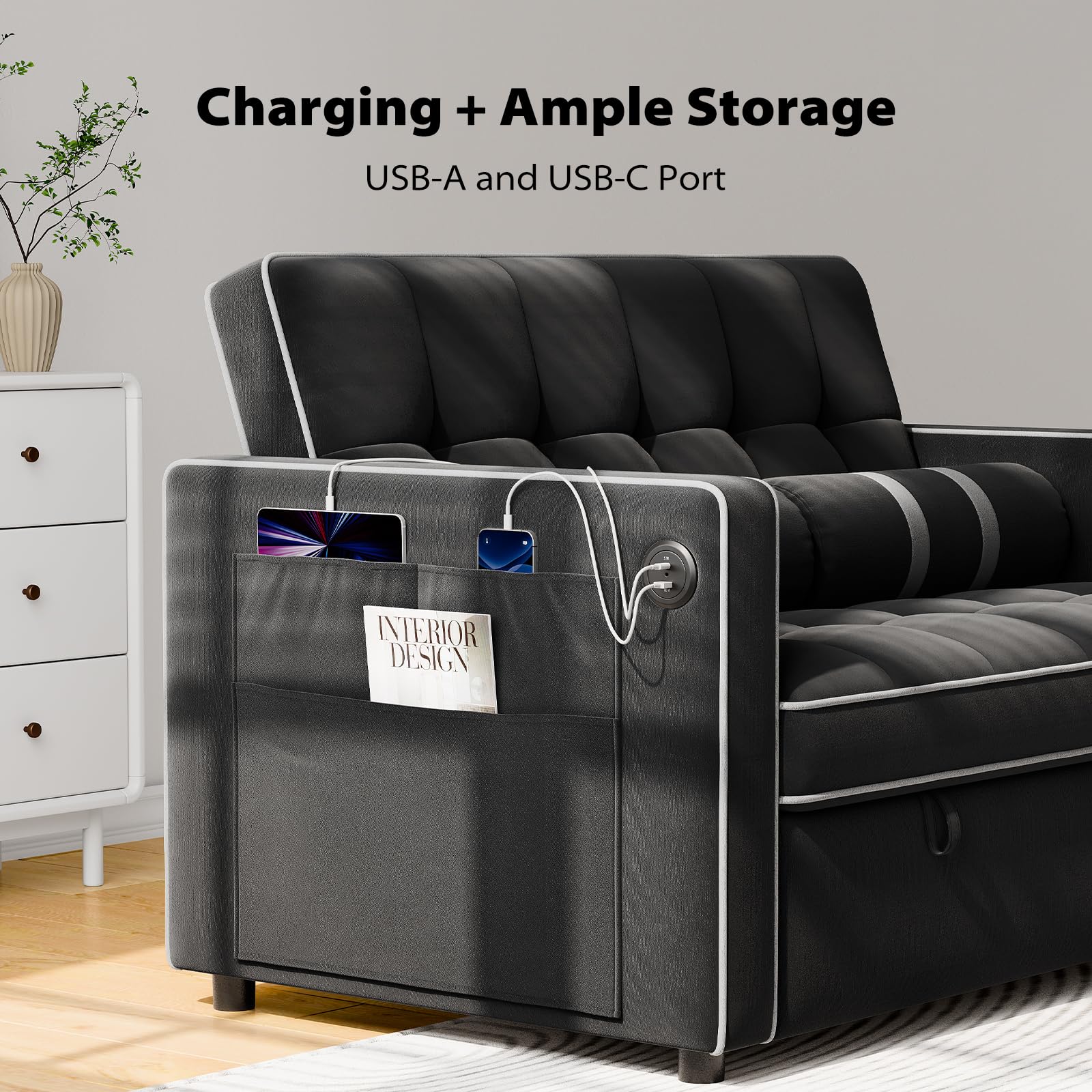 3-in-1 Convertible Sleeper Sofa Bed with USB Ports