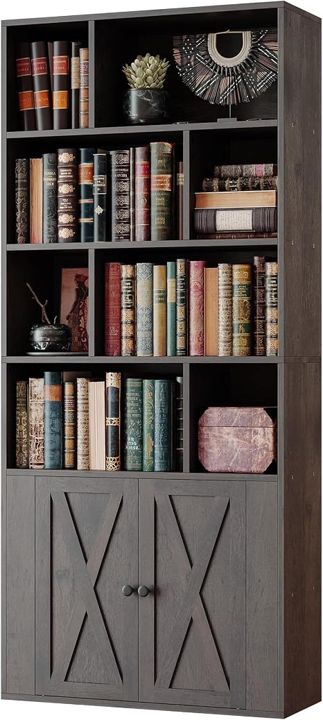 IRONCK Book Shelf, Tall Bookshelf with Storage, Bookshelves and Bookcases with Doors, 4-Tier Bookcase with 8 Open Cubes for Living Room, Office, Study, Black