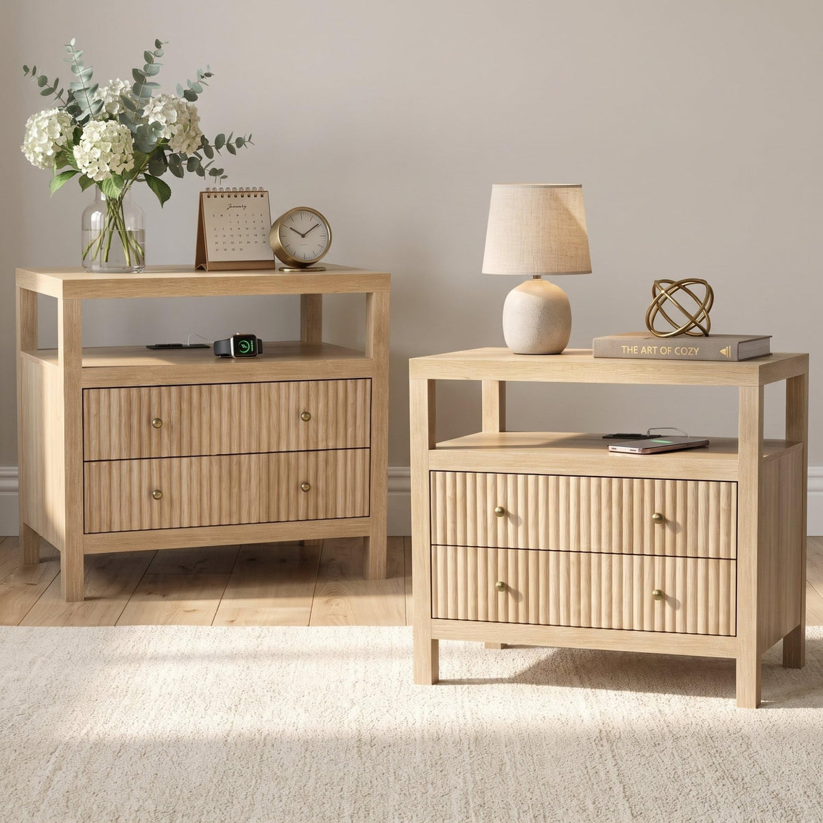 AURELIA LEVEAUX 26" Wide Natural Wood Fluted Charging Nightstands Set of 2