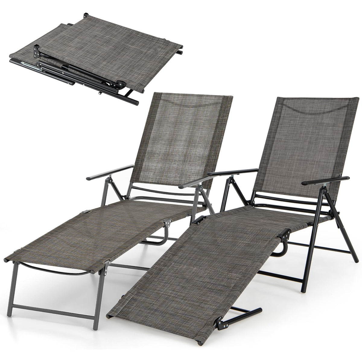 GIANTEX Lounge Chair Outdoor Set of 2 - Tanning Chair with 6 Adjustable Backrest, 2-Level Footrest, Folding Sunbathing Lounger for Patio, Poolside, Yard, Chaise Lounge Chair, Beach Chair (Brown)