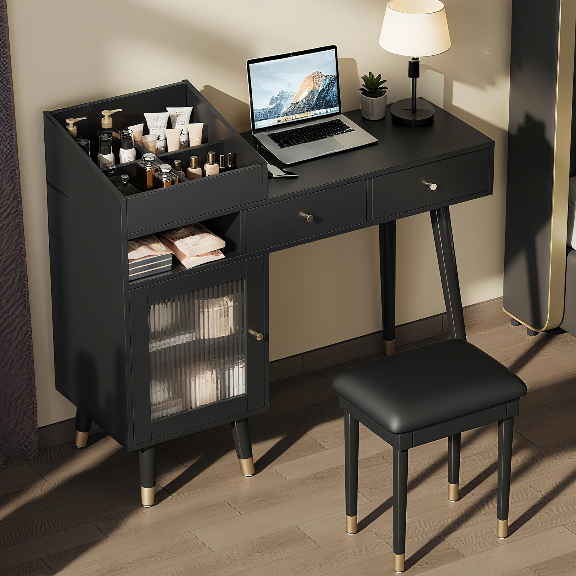 Merax 44" Vanity Desk No Mirror, Modern Black Makeup Vanity Set with Stool and Power Outlet, Writing Desk Dressing Table with 4 Cubby Divided Storage, 2 Drawers & Cabinet for Bedroom Office Dorm