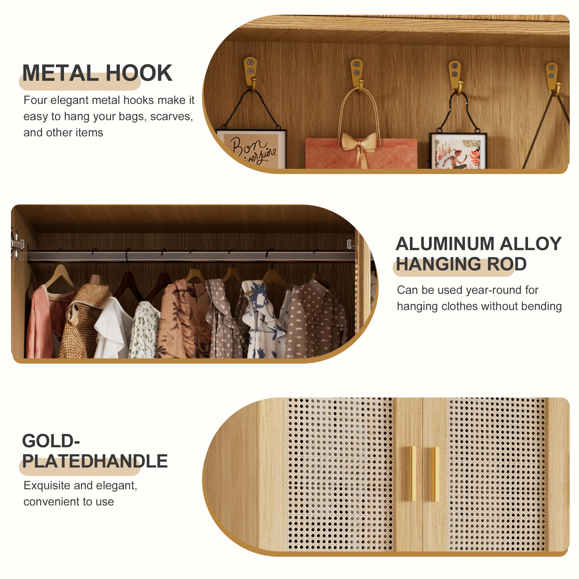 3-Door Rattan Wardrobe Closet with Mirror & Drawers