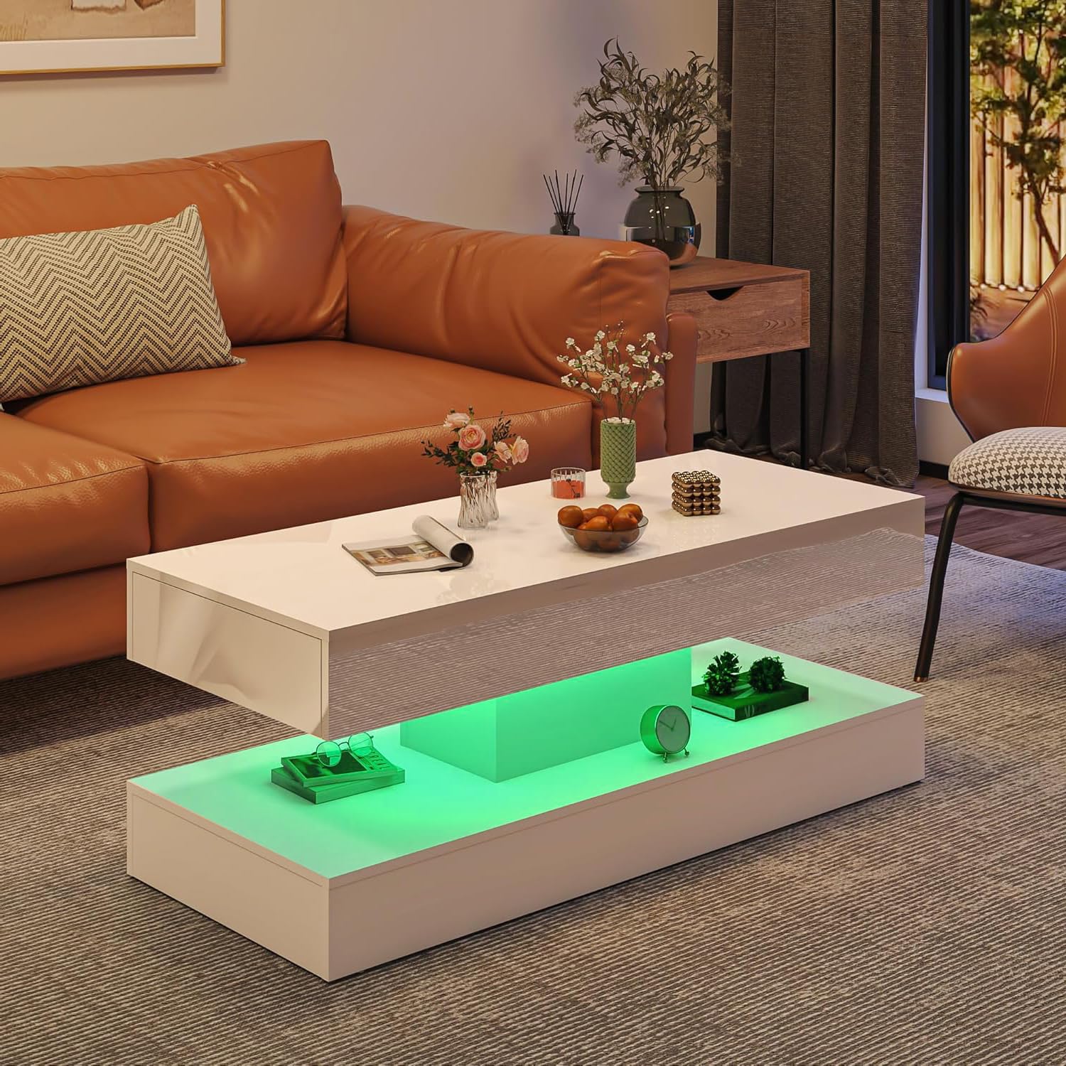 47.2" Modern High Glossy LED Coffee Table with 2 Sliding Storage Drawers, White Living Room Tables for Living Rooms,Dining Room,Bedroom Home Office,APP LED Lights(White)