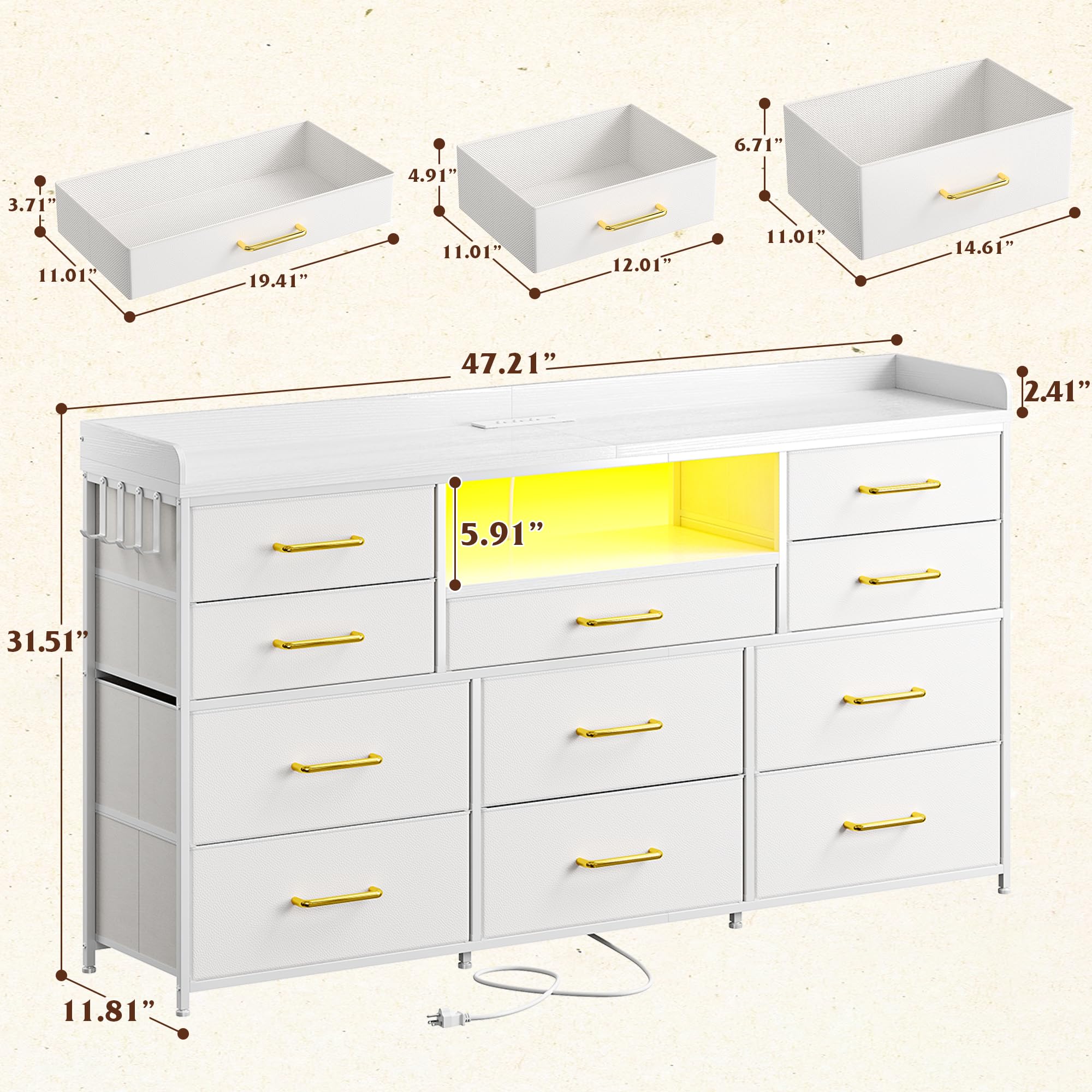 EnHomee Dresser TV Stand with 11 Drawers, 60" TV Stand with LED Lights & Power Outlets, White Dresser for Bedroom with Shelves & 5 Hooks for Dorm, Hallway