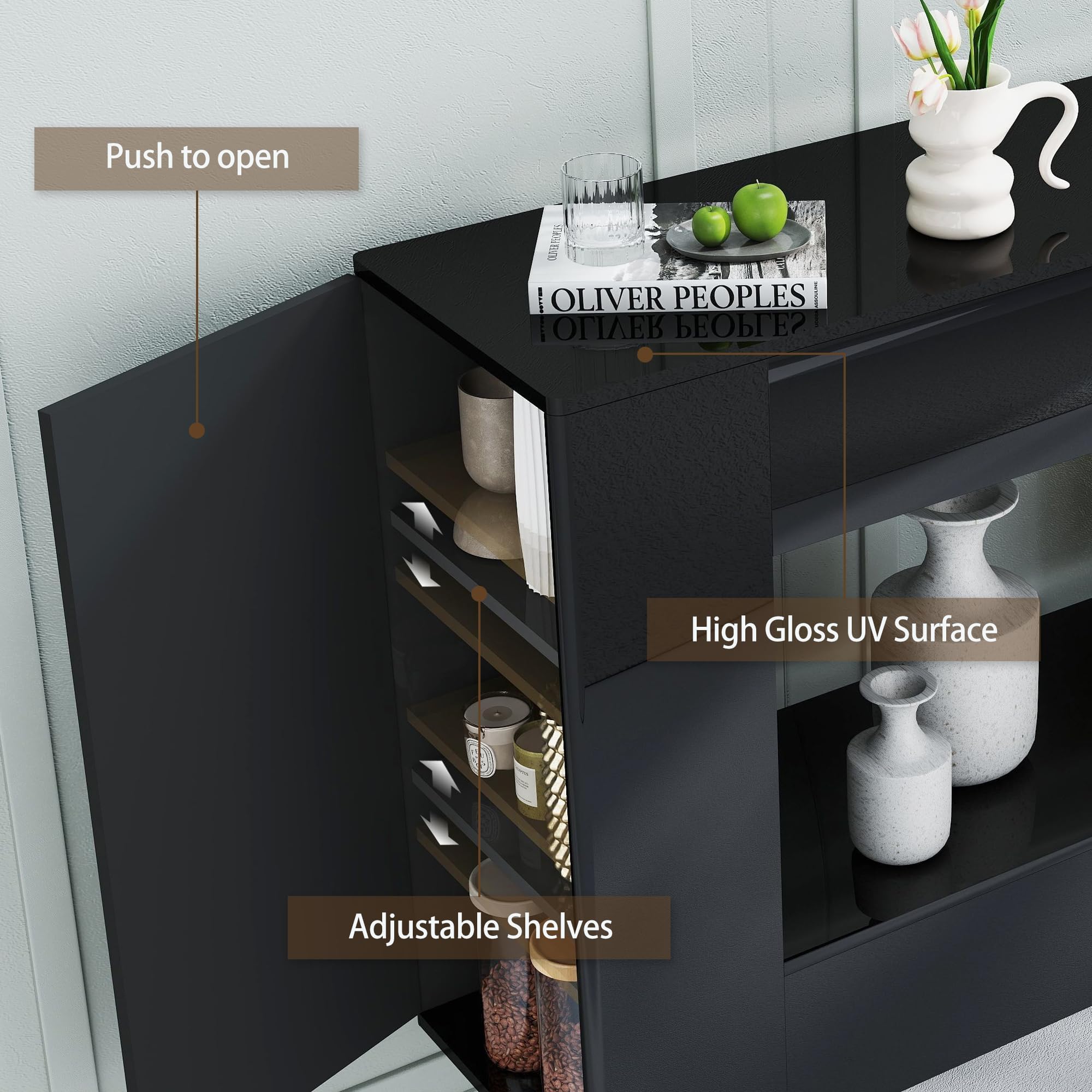 Vavkorkula Console Table, High Gloss Entryway Table with Hidden Storage Cabinets, Adjustable Shelves, Modern Sofa Table for Behind The Couch, Living Room, Hallway, Black