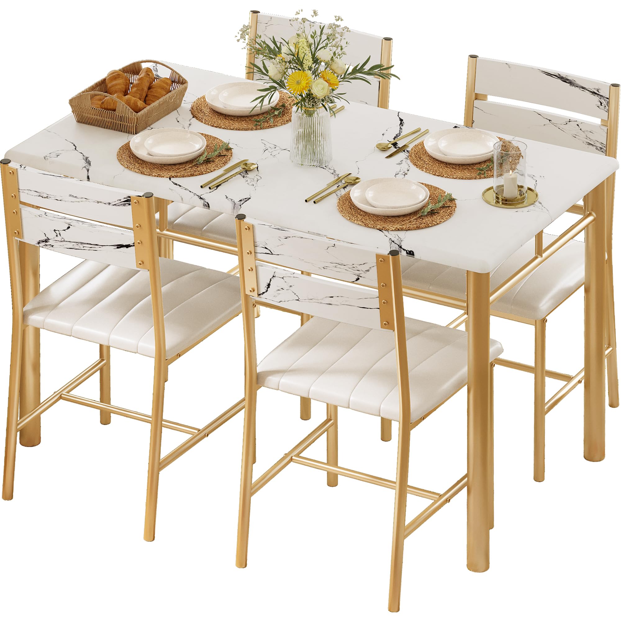 IRONCK Dining Table Set for 4, Wood Kitchen Table with Upholstered Chairs for Kitchen & Dining Room, Compact Dining Set for Small Spaces, White & Gold