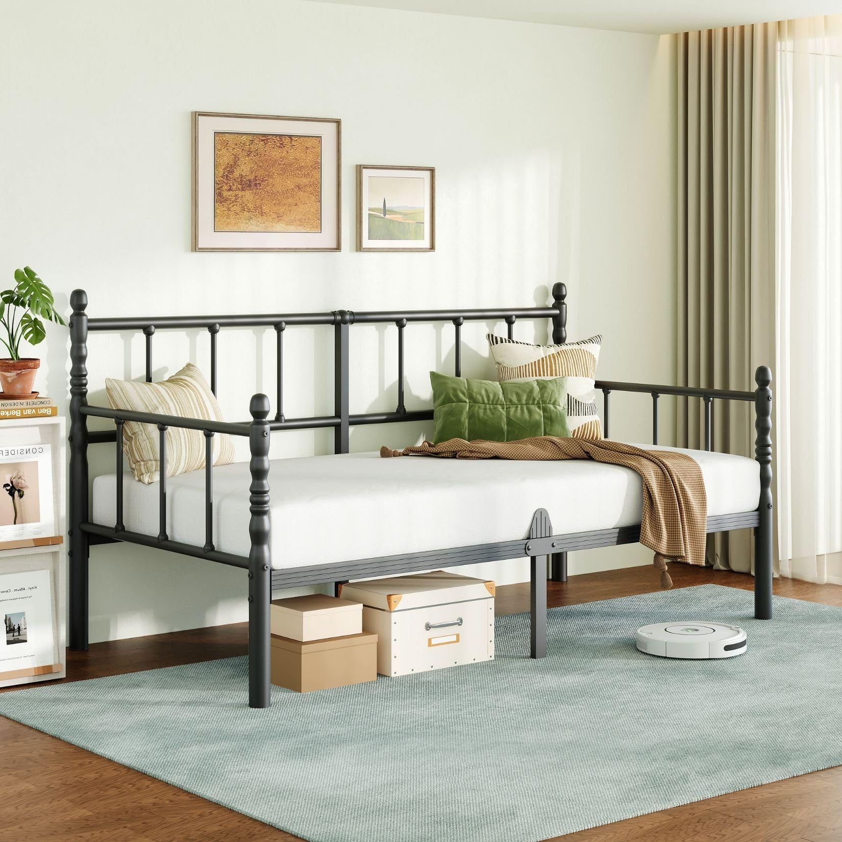 Twin Metal Daybed Frame with Roman Column Headboard