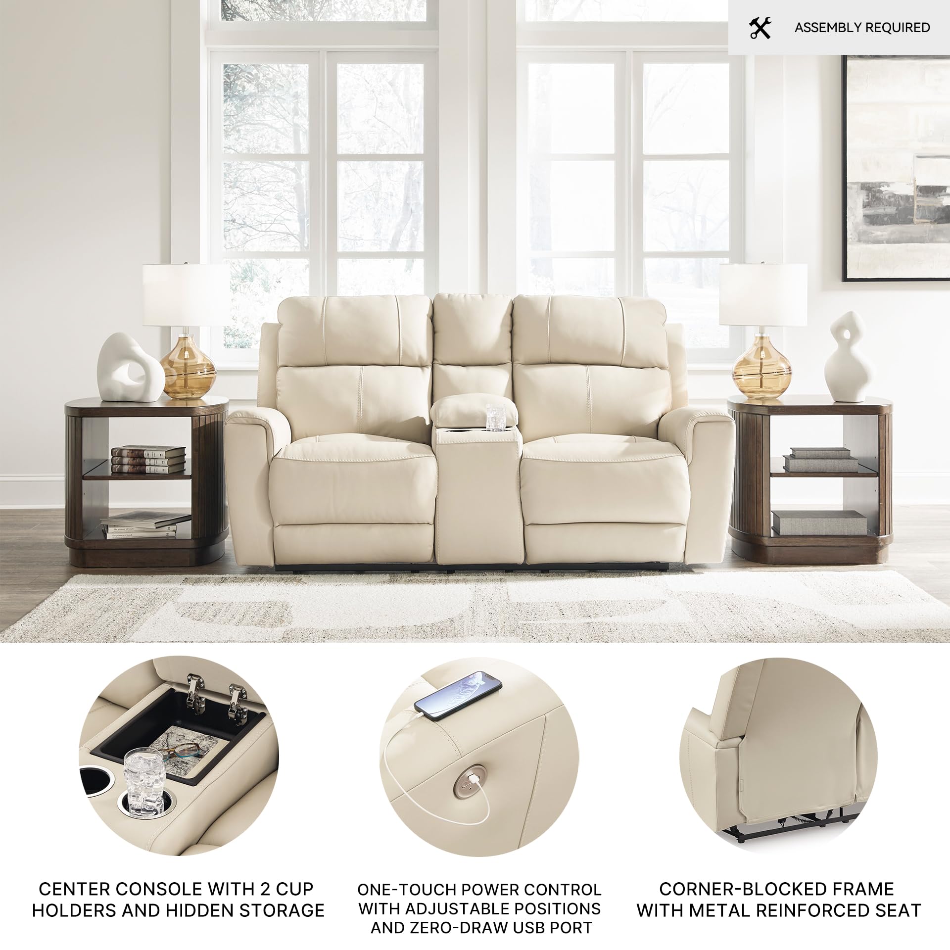 Signature Design by Ashley Dahlmoore Contemporary Leather Match Power Reclining Loveseat with Console and USB Ports, Beige