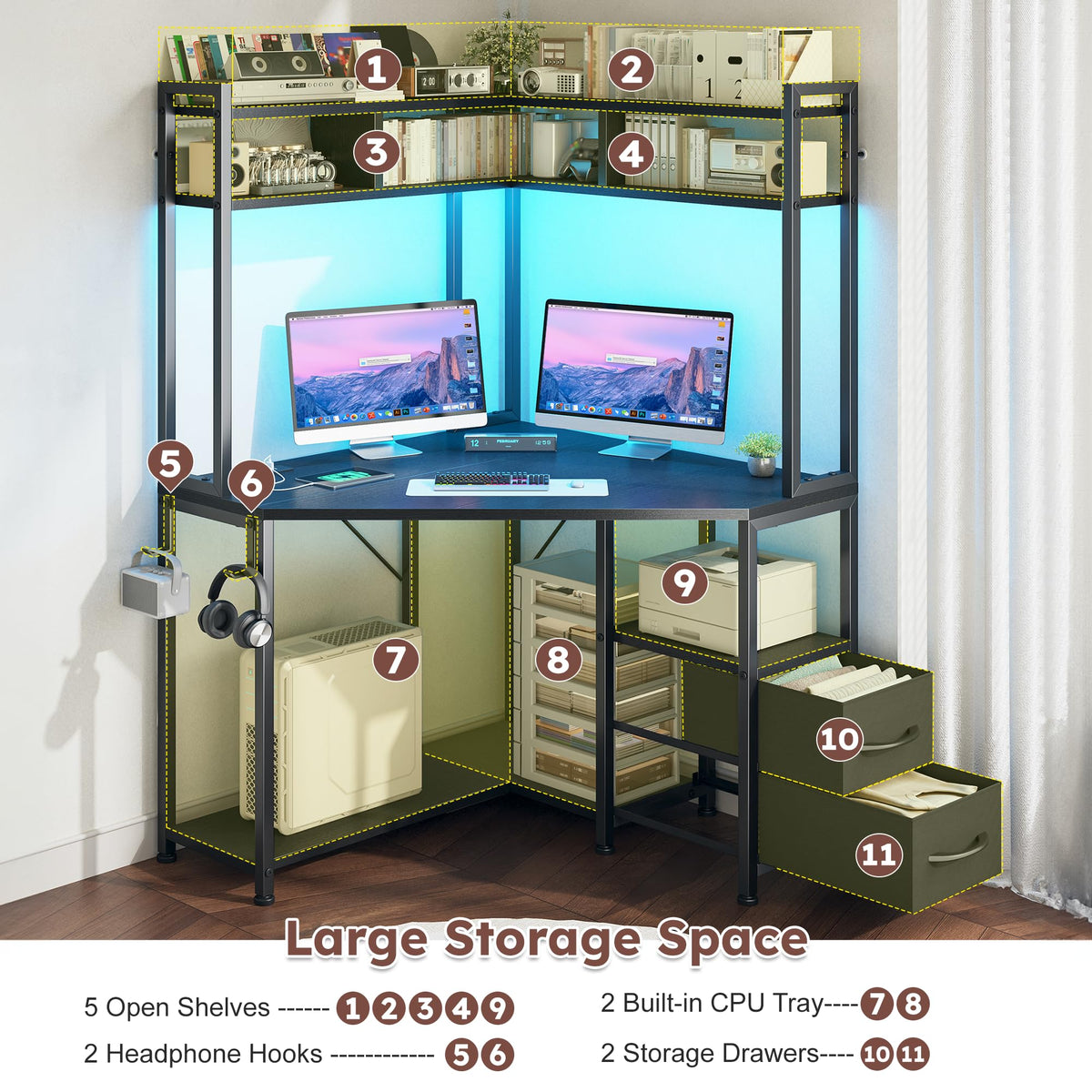 DurayLoly 63"Triangular Corner Desk with Hutch,Ample Storage for Small Room