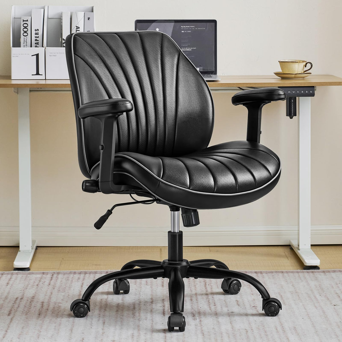 YFO Home Office Desk Chair, Adjustable Armrests PU Ergonomic Chair, Black