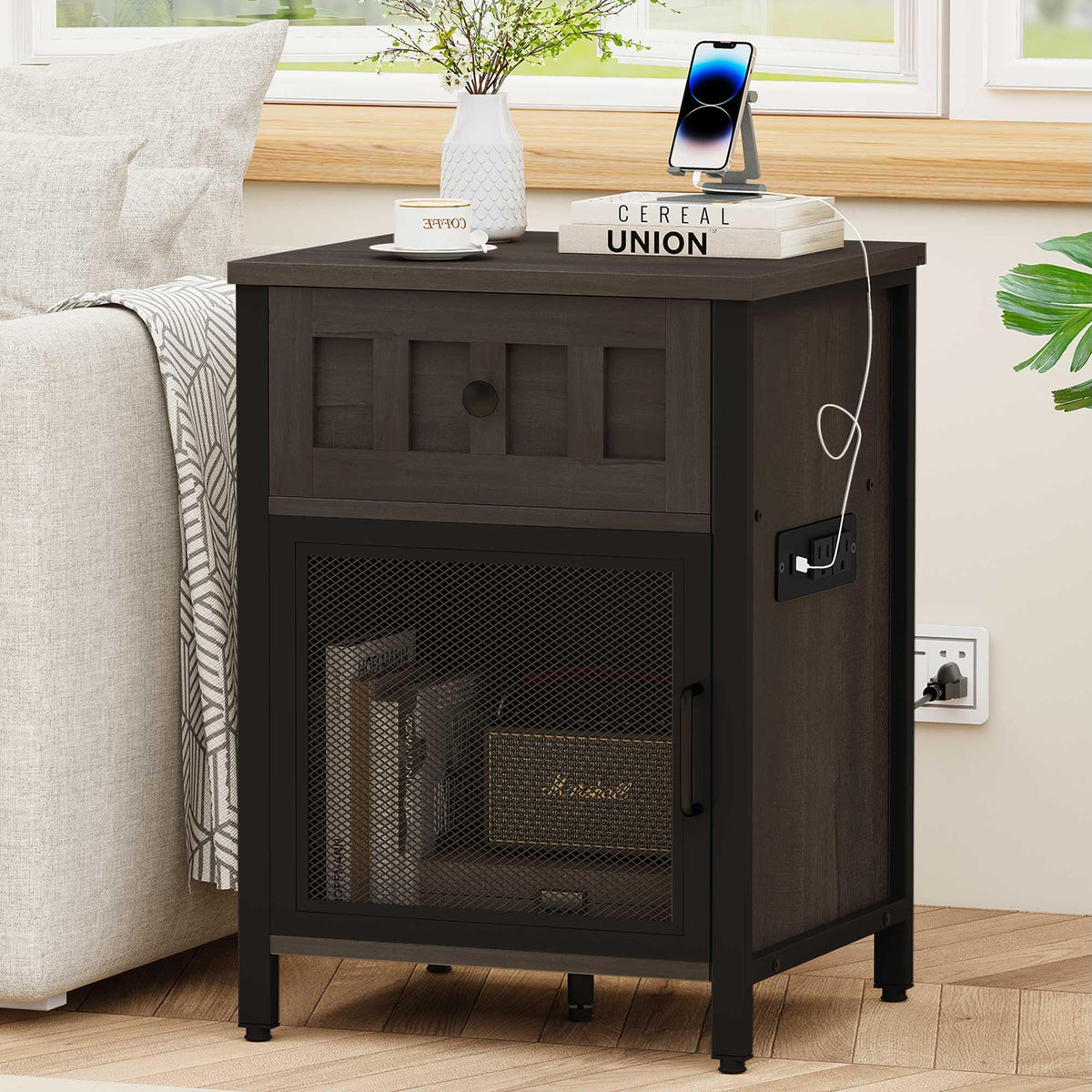 FATORRI End Table with Charging Station, Farmhouse Side Table with Drawer, Rustic Wood and Metal Nightstand and Bedside Tables for Living Room (Walnut Brown)