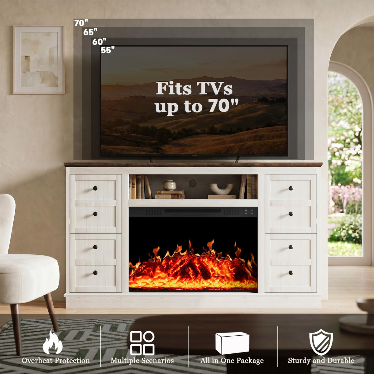 Leramaner 62" Farmhouse Fireplace TV Stand for up to 75" TV, White