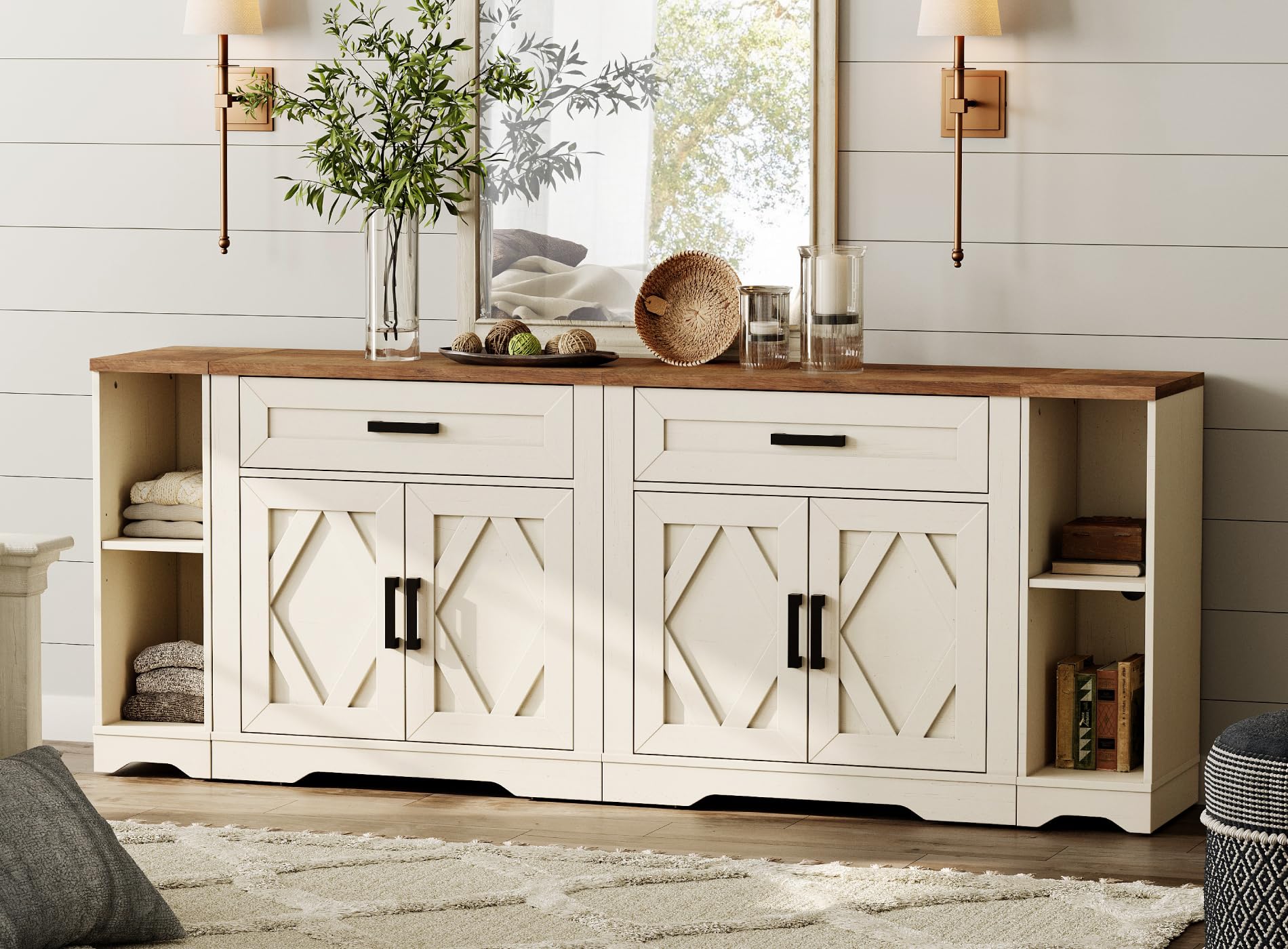 WAMPAT 82.7" W TV Stand for up to 95" TVs,Farmhouse Entertainment Center with Storage Barn Door Cabinet,TV Console Table with Media Cabinet and Drawers for Living Room,Bedroom,Cream White